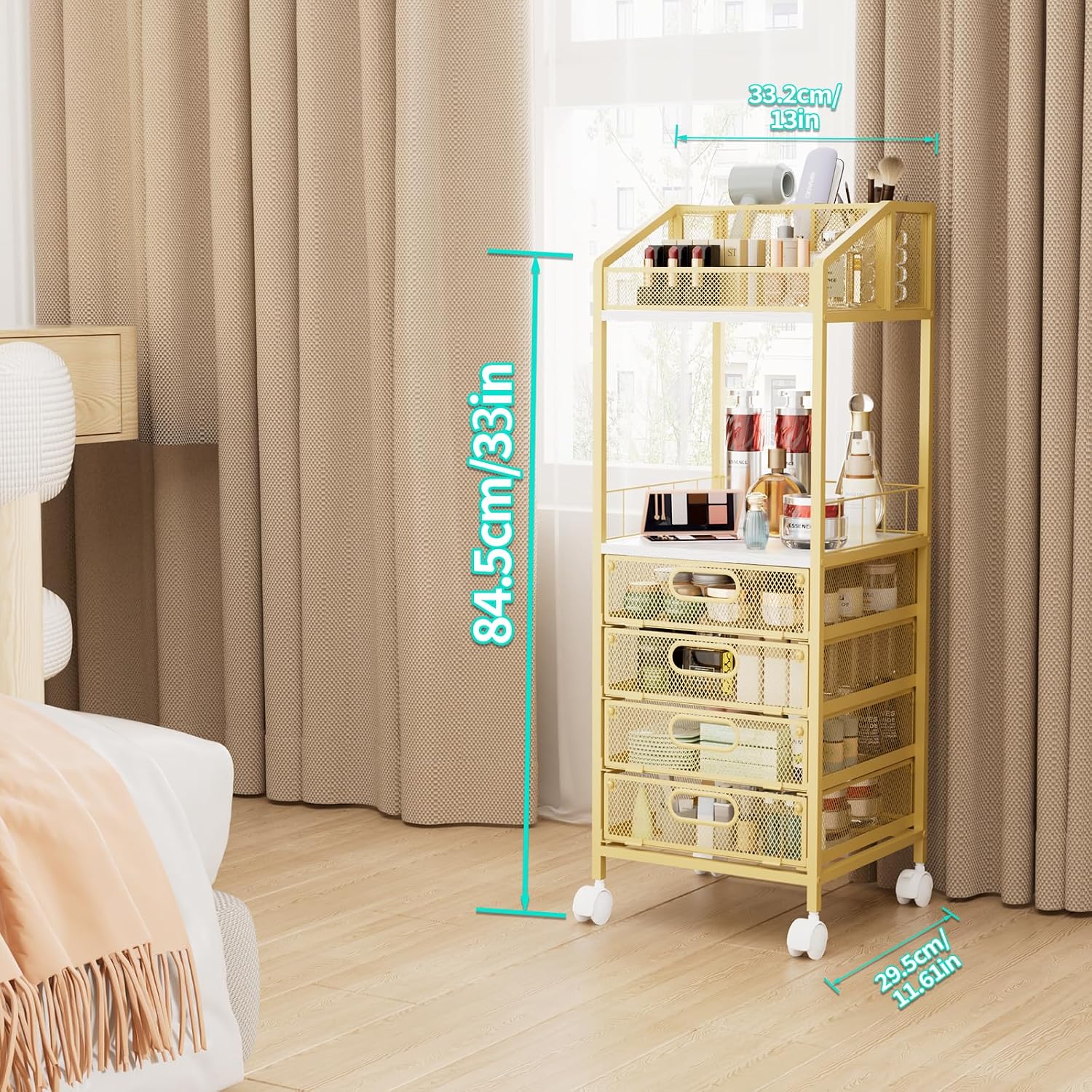 HapiRm Makeup Organizer Storage Cart - Floor Skincare Make Up Storage with 4 Drawers, Rolling Makeup Cart Vanity Organizer Cosmetics Display Cases Holder for Skin Care Perfume Nail Polish, Gold
