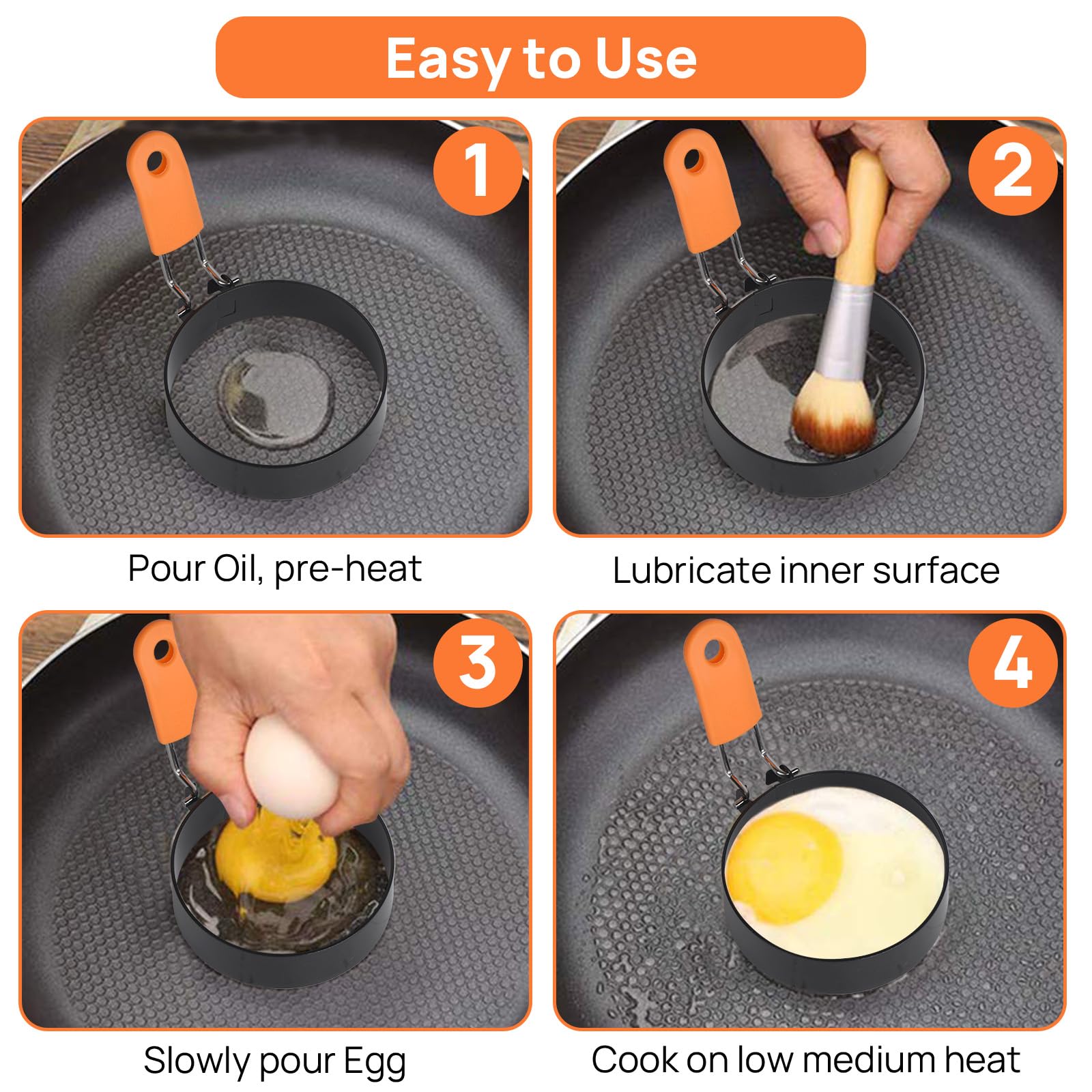 Anillos de huevo para freír huevos a la plancha mejorados, 4 paquetes, moldeadores de panqueques con mango de silicona naranja, moldes antiadherentes para cocinar sándwiches de tortilla de 6