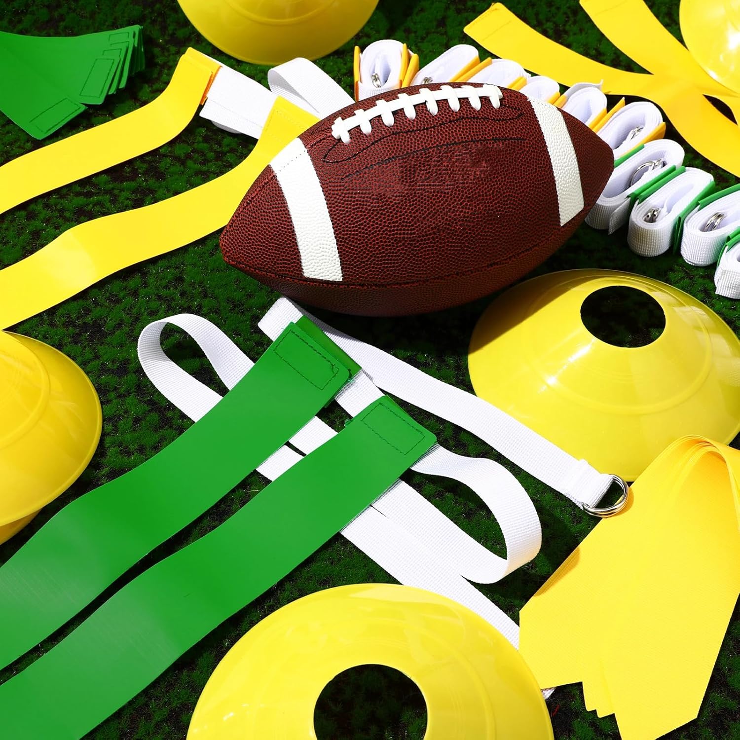 Flag Football Set, 14 Player Adjustable Belts with Cones Includes 14 Easy Tear Away Belts, 28 Football Flags, 12 Cones, 1 Carrying Bag for Youths, Adults Sport Team Training