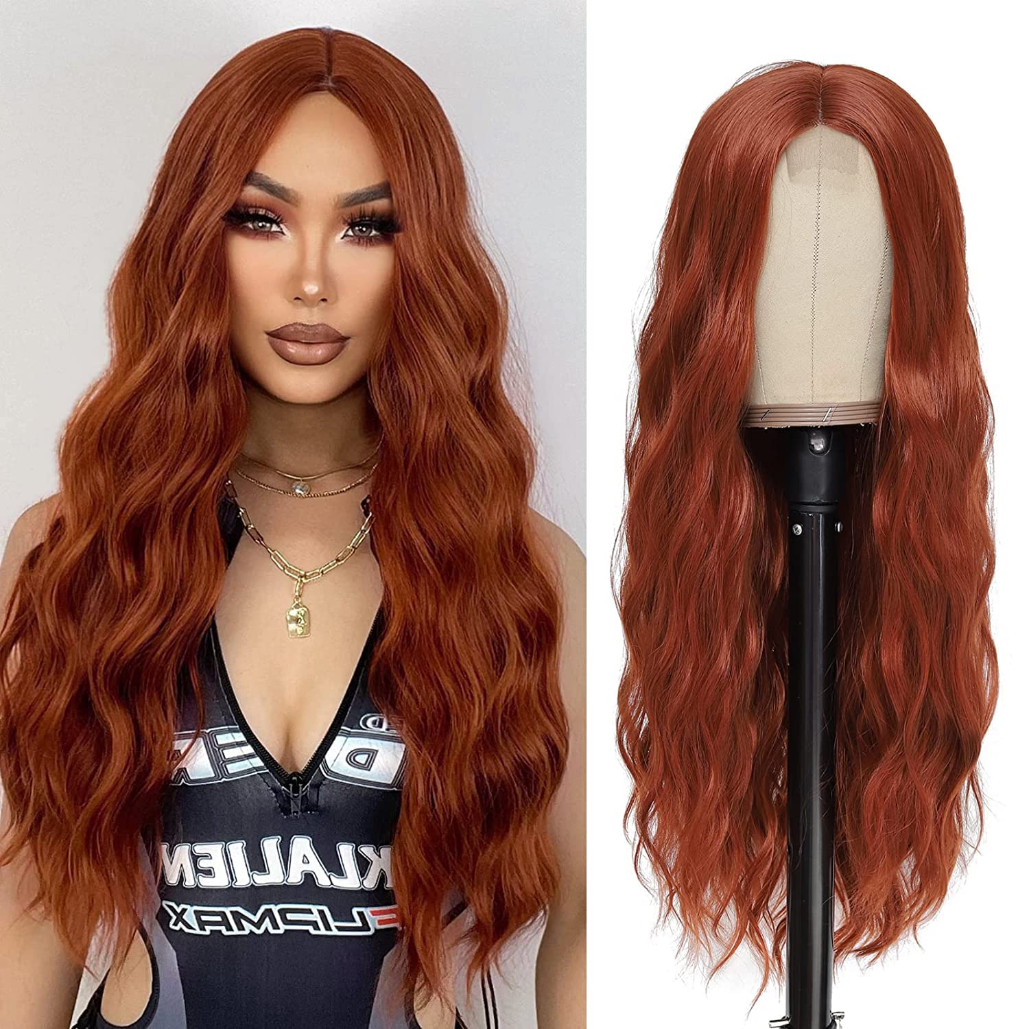Long Auburn Wavy Wigs for Women Middle Part Copper Red Wig 26 inch Natural Curly Synthetic Wig Heat Resistant Fiber Wigs for Daily Party Use Long Auburn Wavy Wigs for Women Middle Part Copper Red Wig 26 inch Natural Curly Synthetic Wig Heat Resistant Fiber Wigs for Daily Party Use