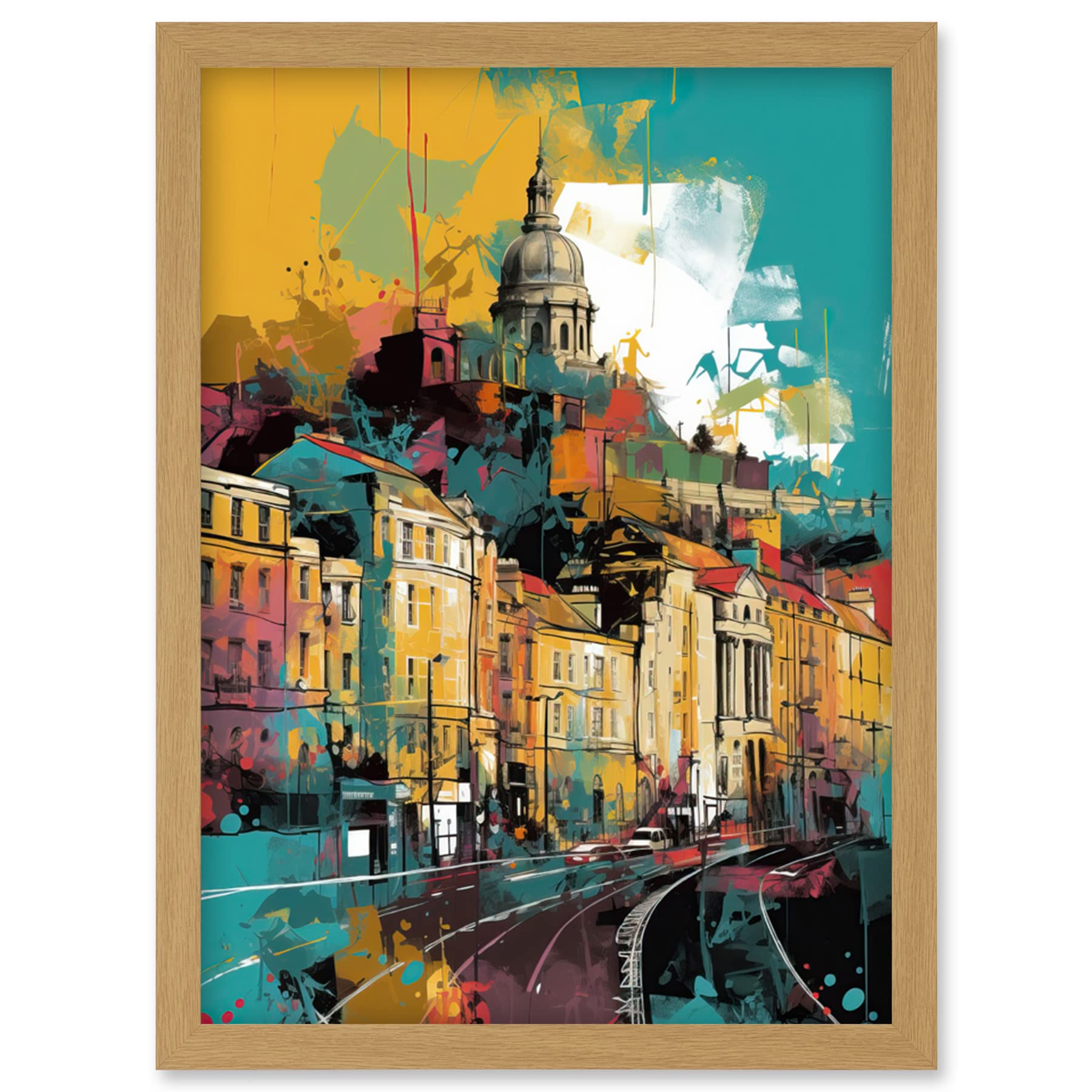 Artery8 Nottingham City Modern Multicoloured Cityscape Artwork Framed Wall Art Print A4