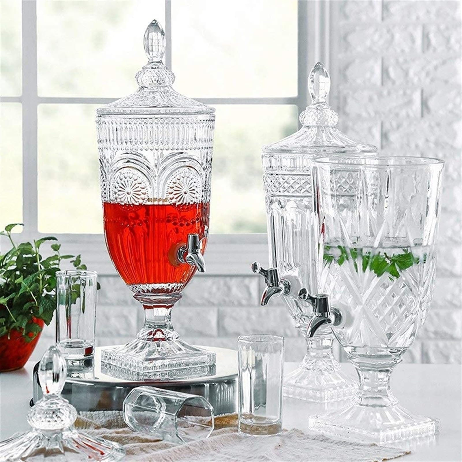 Vnook Distributeur de Boissons en Verre Cristal, avec Bouteille en Verre for Robinet d'eau | Boîte de jus de fruits de grande capacité, pot d'eau froide transparent, réservoir de jus