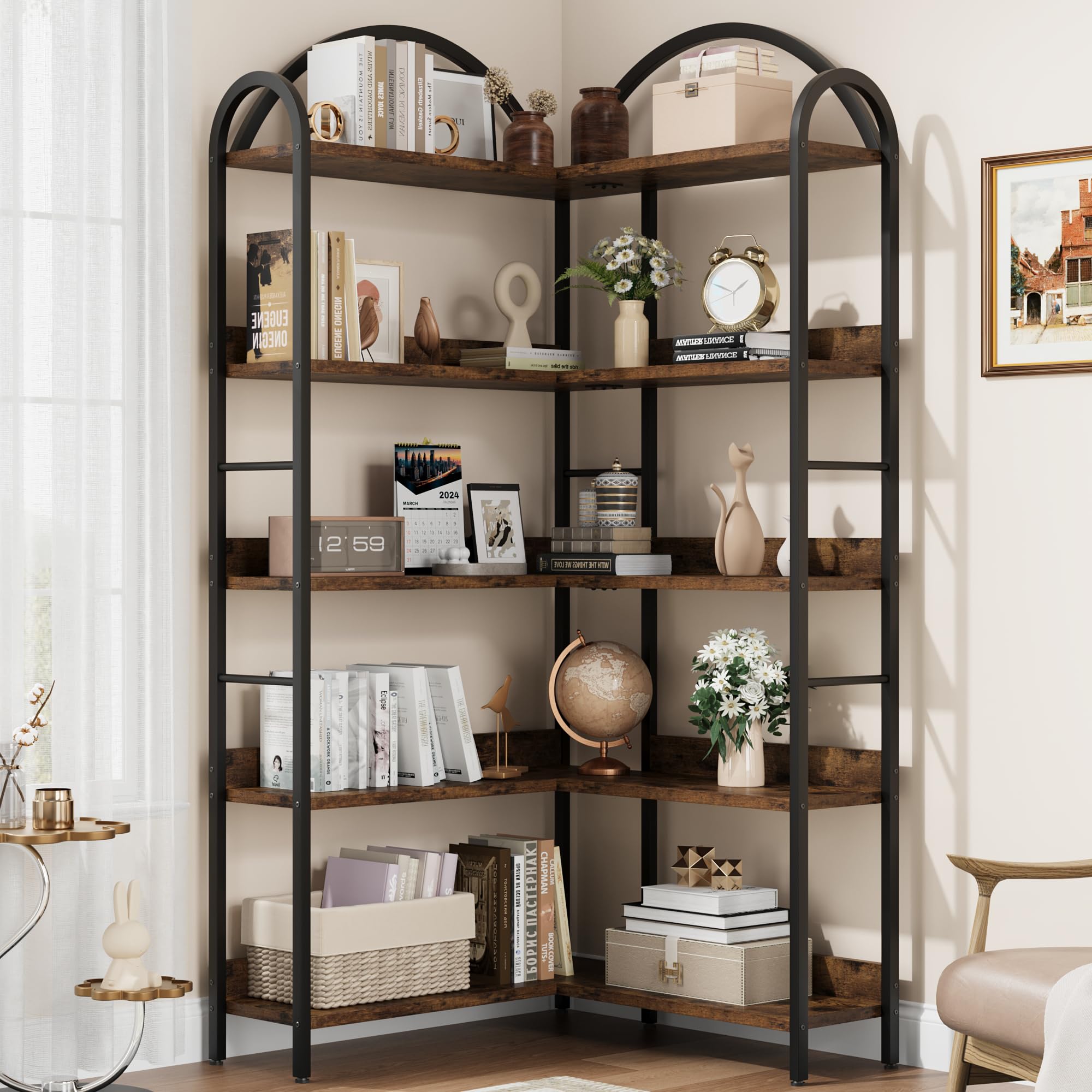 5-Stöckiges Eck-Bücherregal mit Gebogenem Metallrahmen, L-Förmiges Dekoratives Großes Bücherregal Aus Holz und Metall, Bodenstehendes Eckregal für Schlafzimmer, Wohzimmer, Home Office, 174x78x78cm