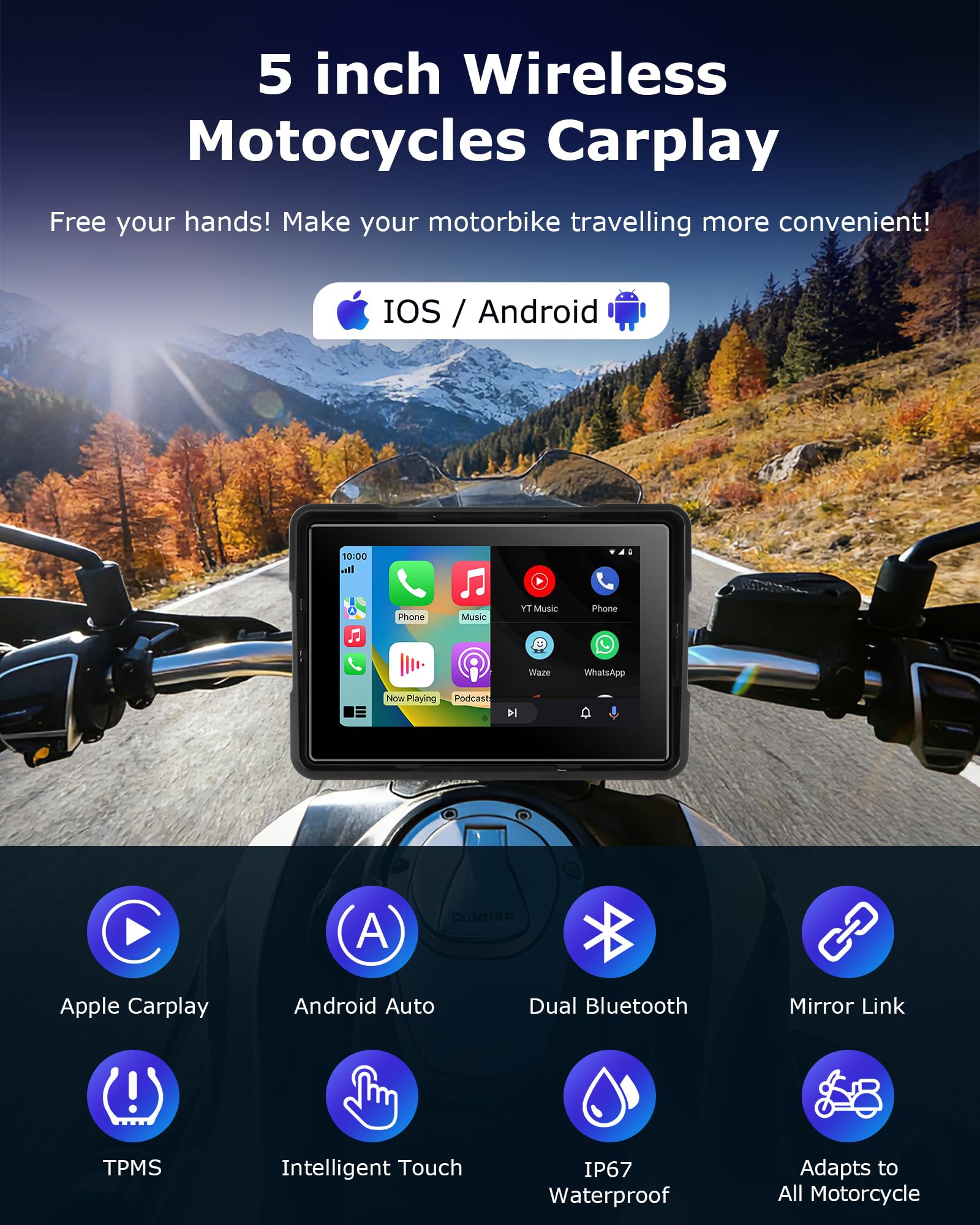 Jansite Schermo Carplay Moto Android Auto con TPMS Sistema, 5 Pollici Navigatore Moto,Bluetooth,Impermeabile IP67,Siri/GoOgle Assistant