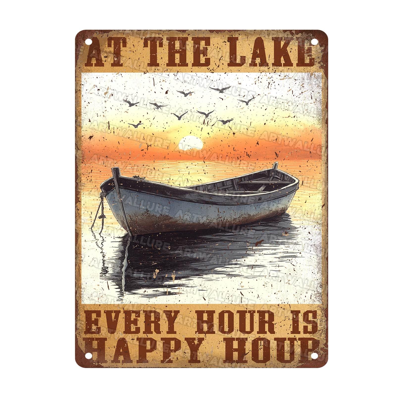 Vintange Metal Sign At The Lake Every Hour Is Happy Hour Novelty Tin Poster Home Bathroom Aluminium Sign Art Wall Decor 12x16Inch