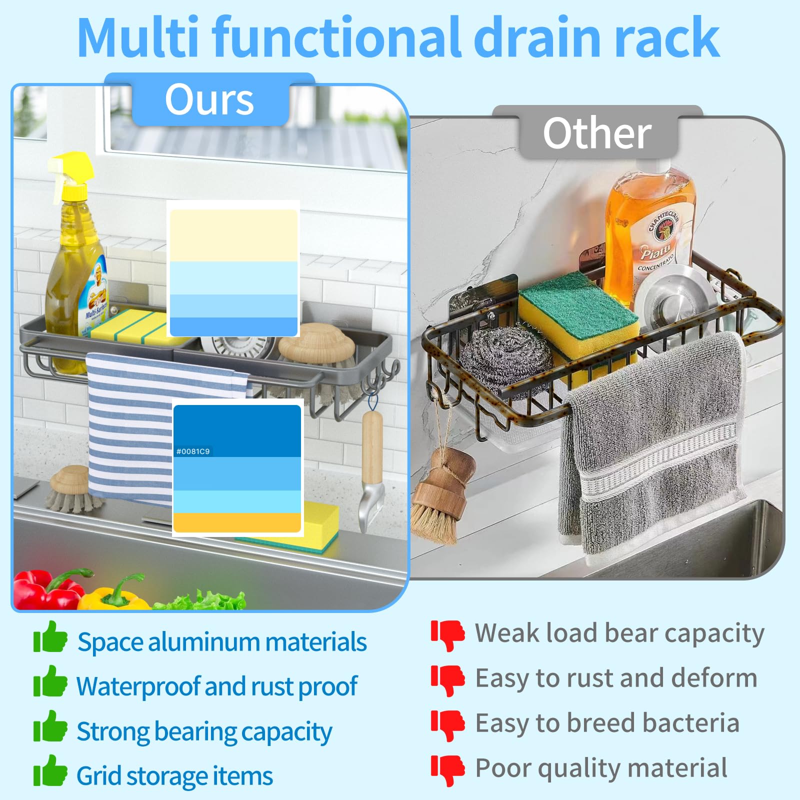 Porta Spugne Per Lavello Cucina | Con Divisori E Portasciugamani | Grigio | Alluminio Spaziale | Senza Fori - Foto 10