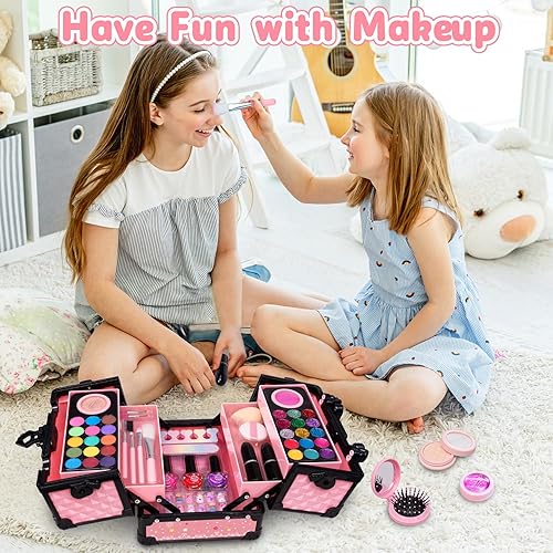 Miniatura 7 de Hollyhi Juego de 59 piezas de maquillaje para niñas, juego de juguetes de maquillaje lavables para disfrazarse, juego de tocador de belleza con