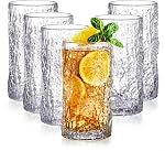 Cididu Set of 6 Textured Drinking Glasses, 12 oz Embossed Highball Water Glasses, Iced Tea Beverage Glass Thick Heavy Base, Vintage Glassware Sturdy Drinkware for Juice, Milk, Coffee, Dishwasher Safe