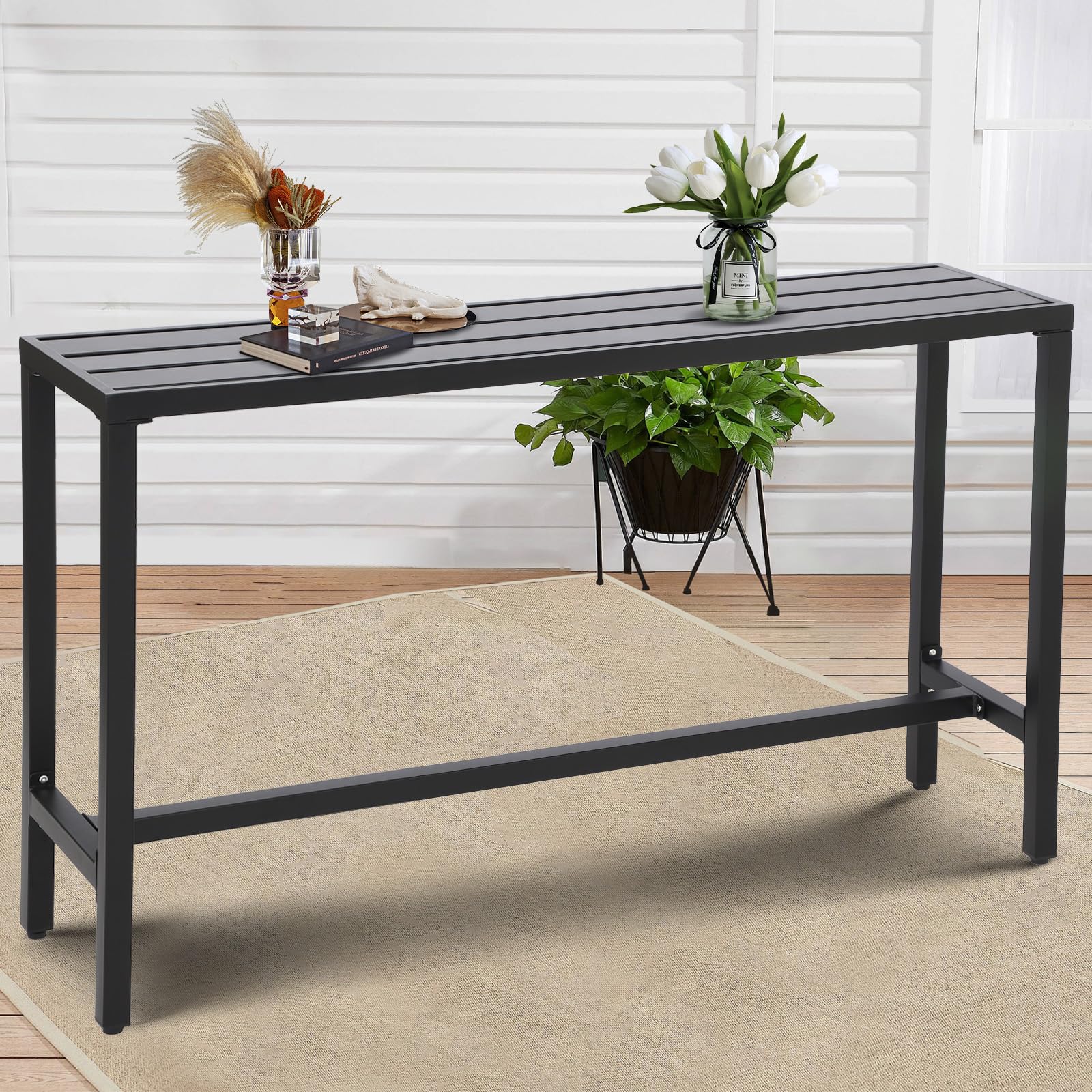 Outdoor Bar Table, Patio Counter Height Bar Table, 63" Rectangle Bar Table for Patio, Garden, Yard, Balcony, Poolside (Black, 63“)
