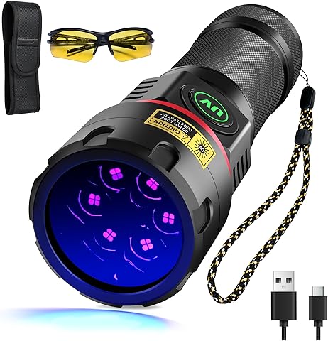 DARKBEAM Linterna Luz Negra UV 365nm Ultravioleta Lamparas 6 LEDs [4 núcleos], Recargable Potente 80W Blacklight - Detector para Orina de Mascotas, detección de fugas, Epoxy Resina, Mineral, Sangre