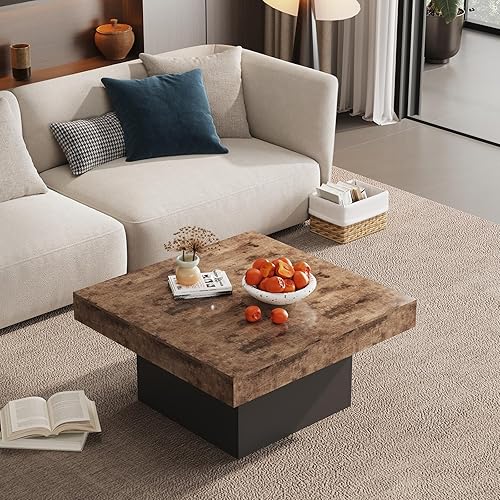 Miniatura 5 de Mesa de centro cuadrada, mesas centrales de madera con aspecto de madera con base gruesa, mesa central para sala de estar