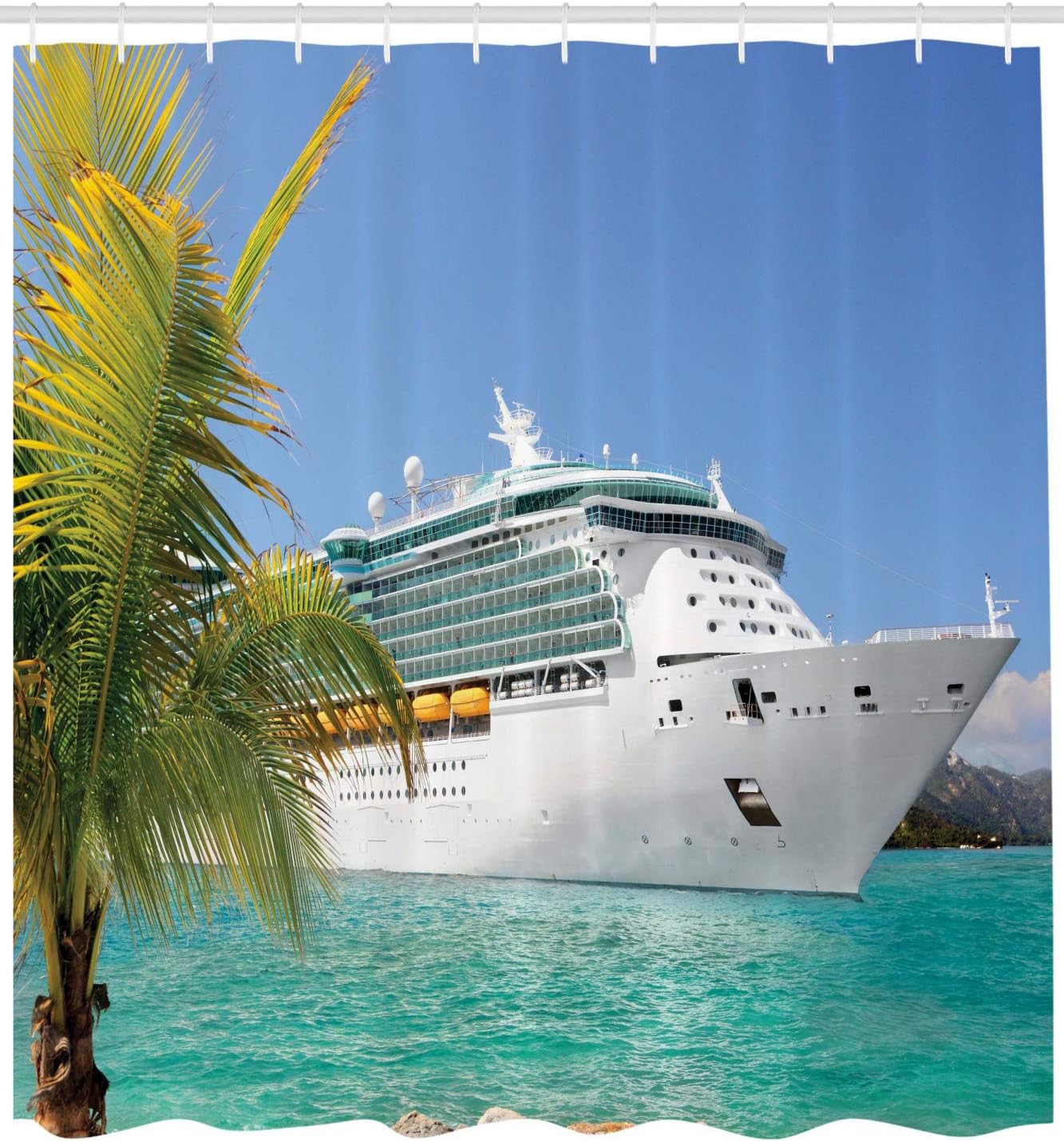 Ambesonne Holiday Shower Curtain, A Cruise Ship Sailing to The Port on a Vacation for a Tropic Relaxation with Traveling Maritime, Cloth Fabric Bathroom Set with Hooks, 69" W x 70" L, Turquoise Green
