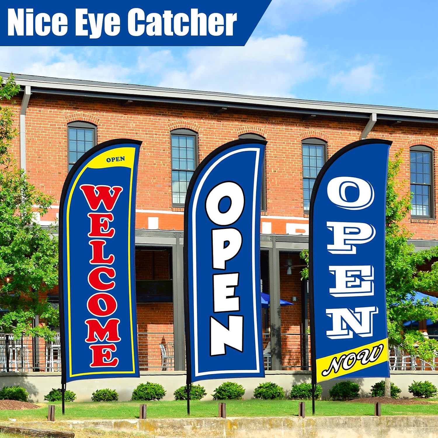 Buryeah 3 Sets Now Open Feather Flag Banner for Business Advertising 7 Feet Tall Grand Opening Feather Flag Sign with Fiberglass Pole Kit Rotating Ground Spike and Portable Bag (Blue)