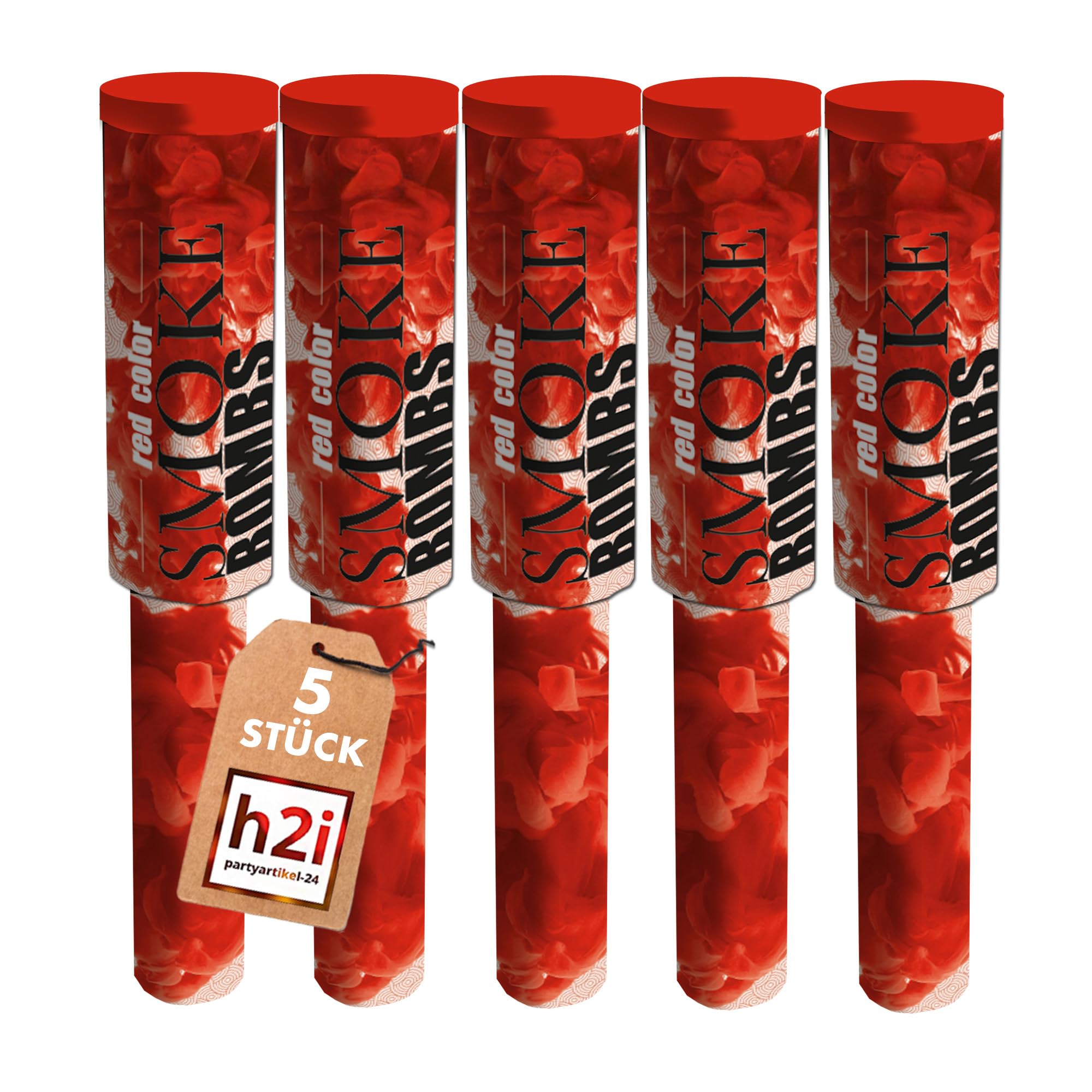 h2i Rauchfackel mit Griff & Reißzünder| 5 Stück | Rot | +/- 60 sek | Rauch Vulkan Fontäne | Rauchtopf Rauchgenerator Rauchbombe | dichter kräftiger Rauch | Ganzjahresfeuerwerk Kat T1/F1