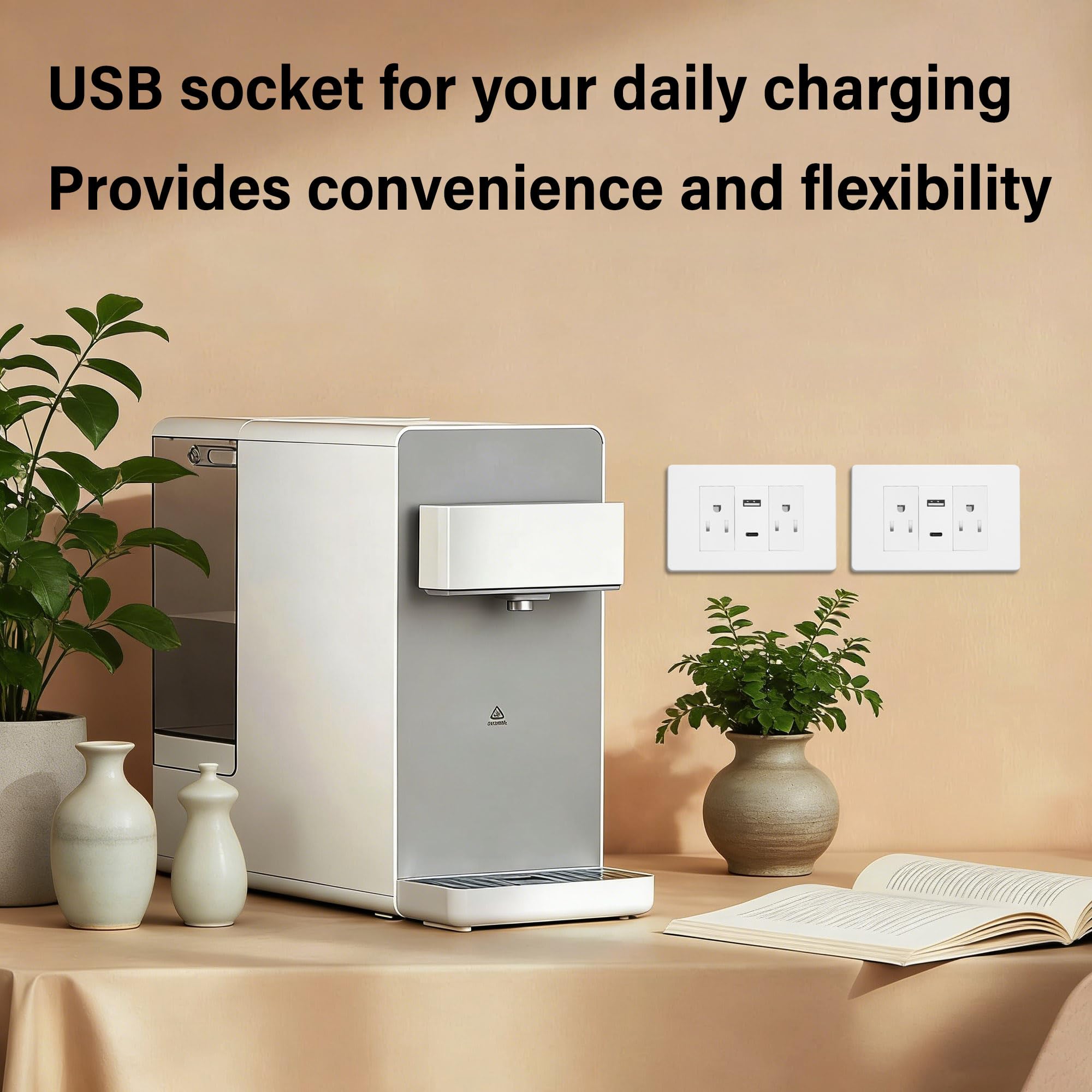 AWINLI Prise de courant USB, prise murale double port USB, prise inviolable duplex de 10 A, prise de charge avec port USB C, vis et plaque murale, 1 lot (blanc)