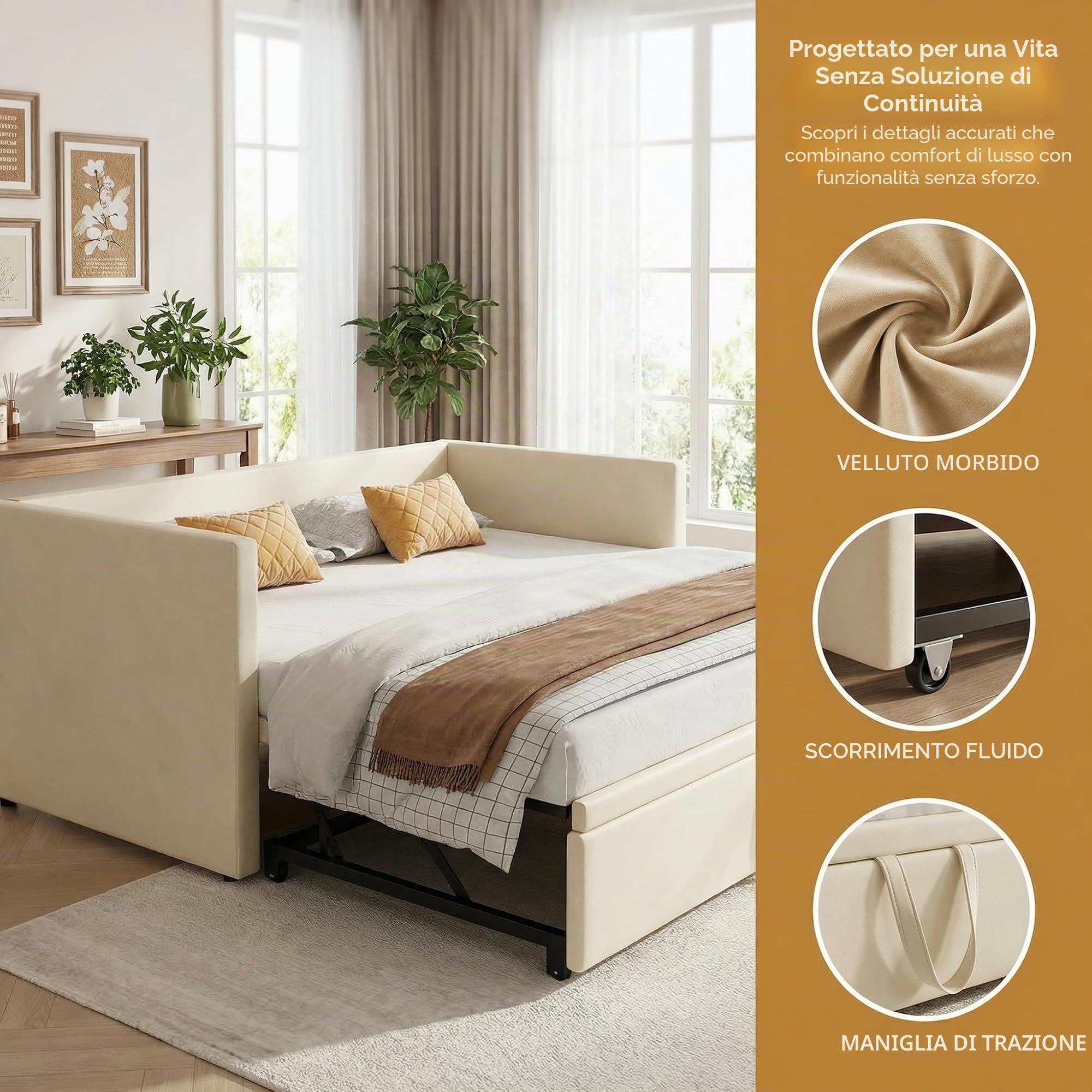 Divano Letto Multifunzionale Estensibile 90/180 X 200 cm, Divano Allungabile a 2 Posti con Rete a Doghe, Letto Matrimoniale in Velluto, Beige, Nessun Materasso (Beige, 90/180 x 200 cm)