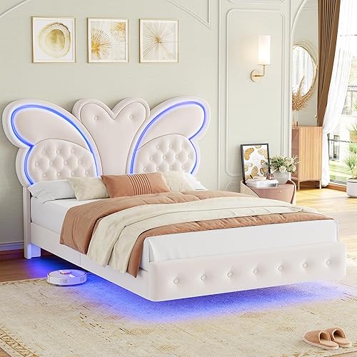 Keyluv Base de cama Queen con cabecera tapizada con patrón de mariposa, moderna cama flotante con luces LED, botón copetudo en cabecero y estribo,