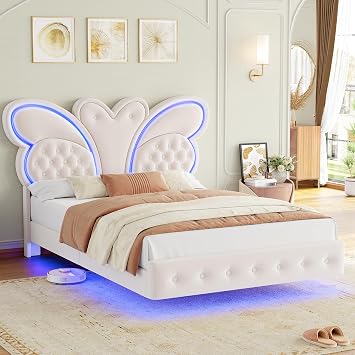 Keyluv Queen Bed Frame Butterfly-Pattern Upholstered Headboard, Modern Floating Bed with LED Lights Button Tufted on Headboard and Footboard, Slats Support No Box Spring Needed, Noise-Free, Beige