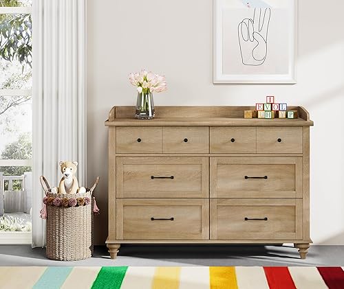 Miniatura 3 de WAMPAT Cómoda de roble para dormitorio de niños con 6 cajones, cómoda de granja para bebé, cómoda ancha con armario de almacenamiento organizador