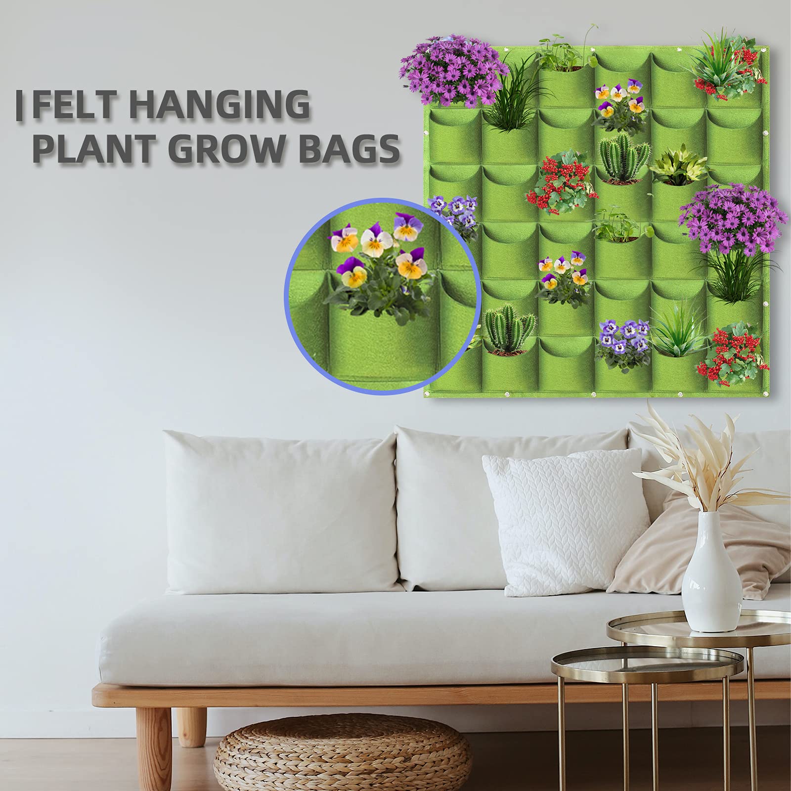 Tyenaza Sacchetto per piantare Tascabile Sacchetti per fioriera in Feltro per Appendere Fiori Verticali da Parete per Giardino Indoor Outdoor 2 Colori Nero Verde 72 Tasche(Verde