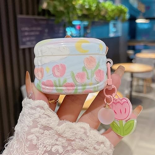 Miniatura 3 de PHOEACC Bonita funda para Airpod Pro (no compatible con Airpod 3rd 2021) flor con llavero floral en forma de onda, funda protectora de TPU suave