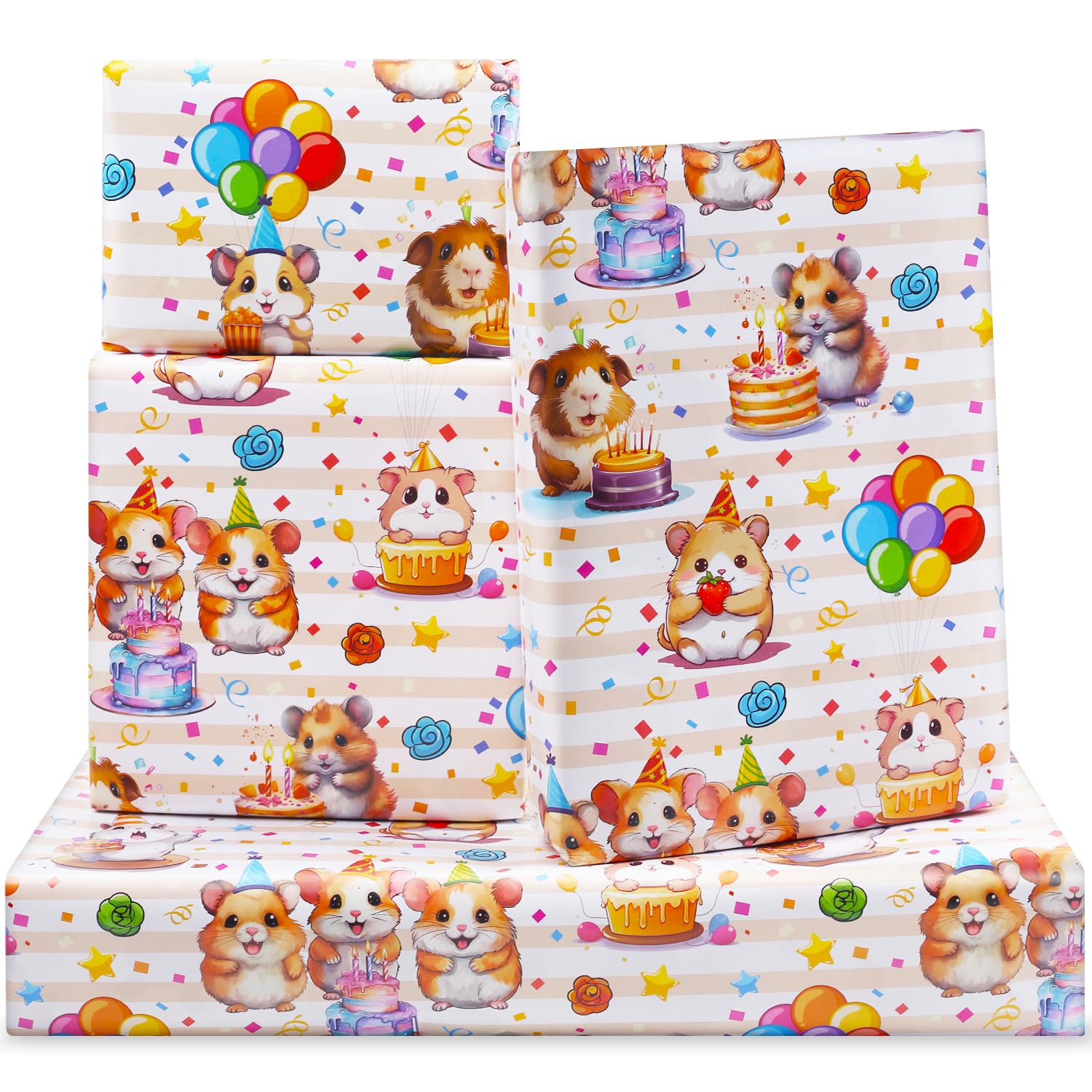 DXRJMB Hamster Birthday Wrapping Paper,7 Sheets Cute Hamster with Cake Balloon Banner Animal Party Wrapping Paper for Kids Boys Girls Foled Flat 20x28 Inches per Sheet, For Birthday Wedding Party