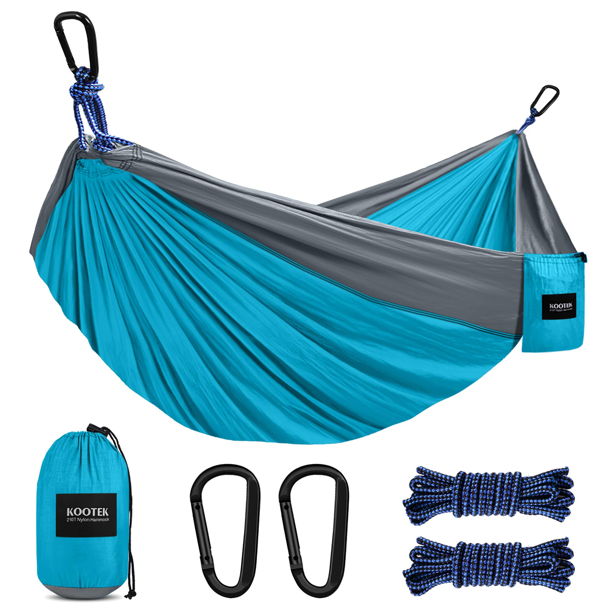 Kootek Camping Hammock Double & Single Portable Hammocks with 2 Hanging Ropes, Lightweight Nylon Parachute Hammocks for Backpacking, Travel, Beach, Backyard, Hiking (Sky Blue & Grey, Medium)