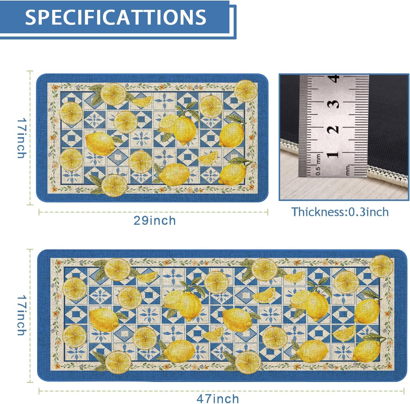 Farmhouse Kitchen Rugs Set of 2 Non-Slip Farmhouse Lemon Kitchen Mats for Floor Rustic Low-Profile Washable Country Home Decor Rug 17x47 Inch and 17x29 Inch