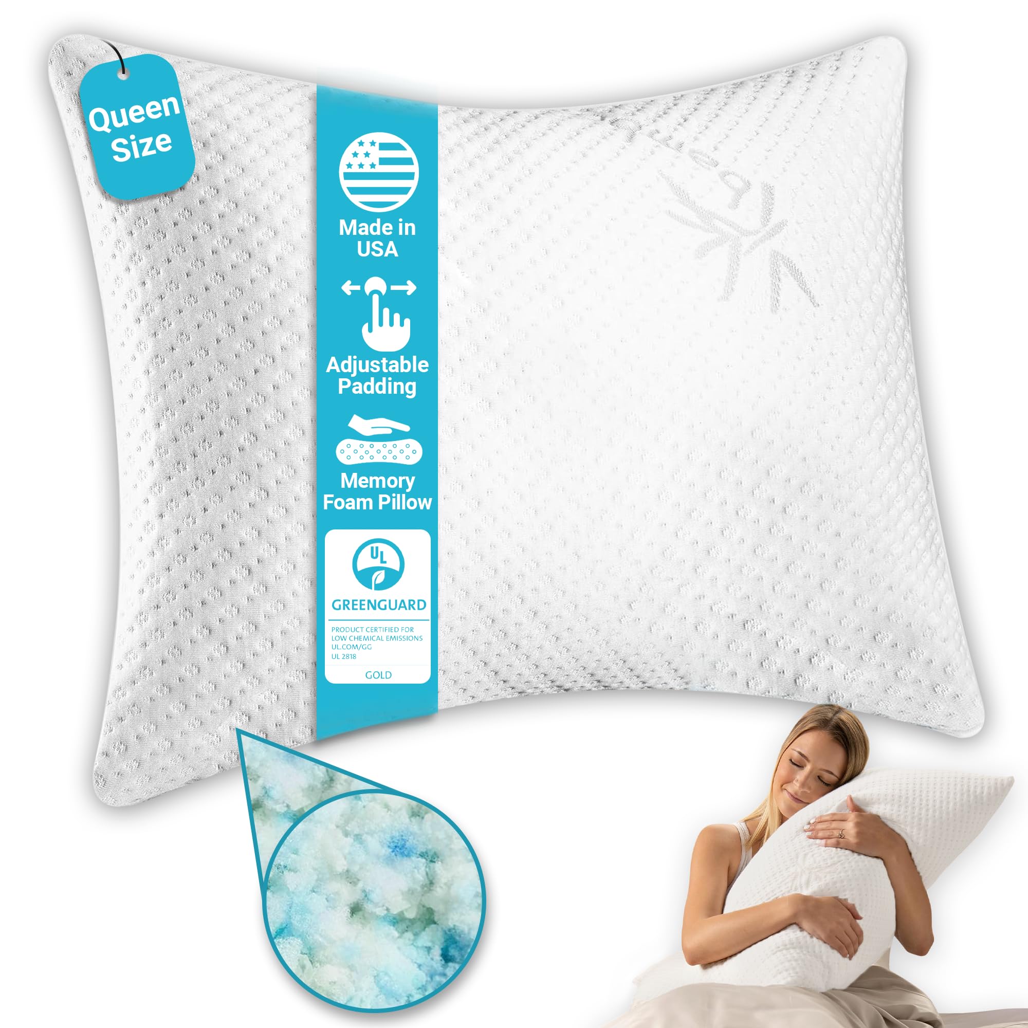 Xtreme Comforts Shredded Memory Foam Pillow- Allergy-Friendly & Cooling Pillow Cover for Side, Back & Stomach Sleepers- Machine Washable - Foam Pillows for Sleeping & Neck Pain Relief (Queen)