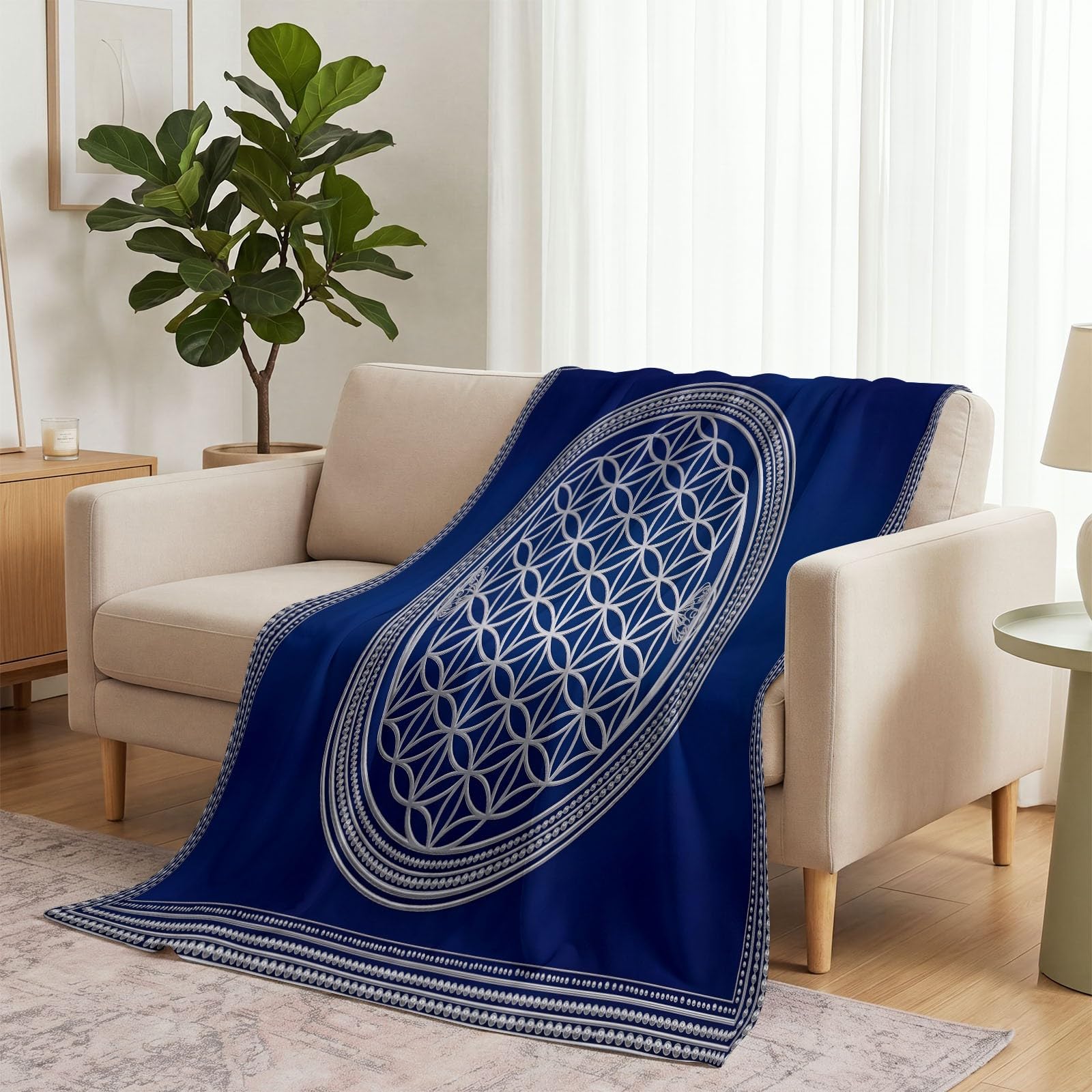Koc polarowy w minimalistyczny kwiatowy wzór, geometryczny puszysty flanelowy koc, obrzeże dla dorosłych i dzieci, niebieski miękki koc na ciepłą sofę 200 x 200 cm