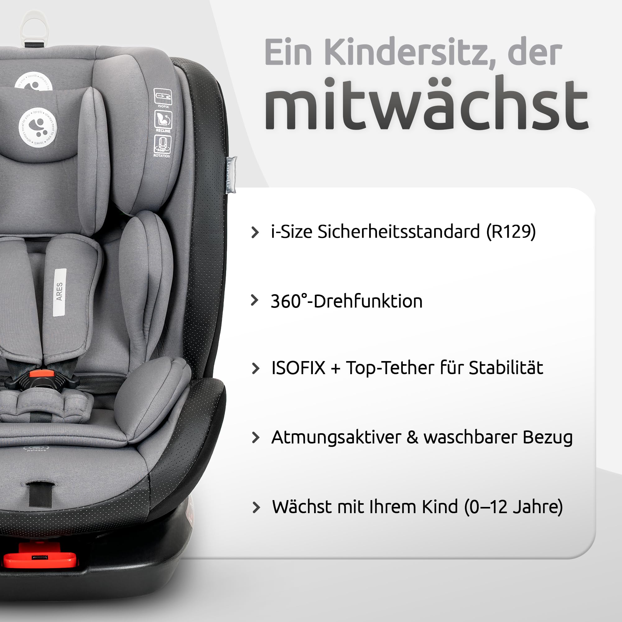 Lorelli Auto Kindersitz Ares mit Isofix, 360 Grad drehbar, (0-36 kg) Mitwachsender Autositz i-Size 40-150cm - Gruppe 0+/1/2/3, Babysitz ab Geburt, 5-Punkt-Gurt, Einstellbare Kopfstütze, grau