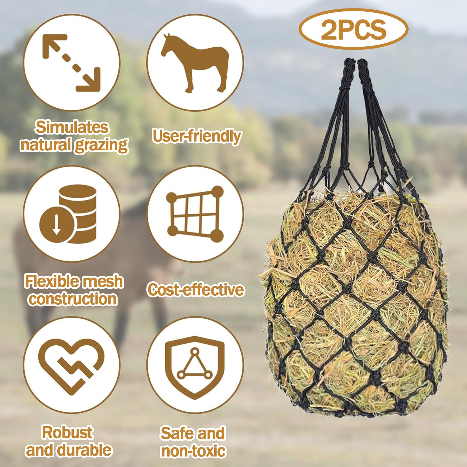 2 Piezas Redes de Heno para Caballos, Malla Fina de 5x5 cm para Alimentación Lenta, Portátil Red Heno para Cabras, Reduce el Desperdicio para Caballos, Cabras y Ponis