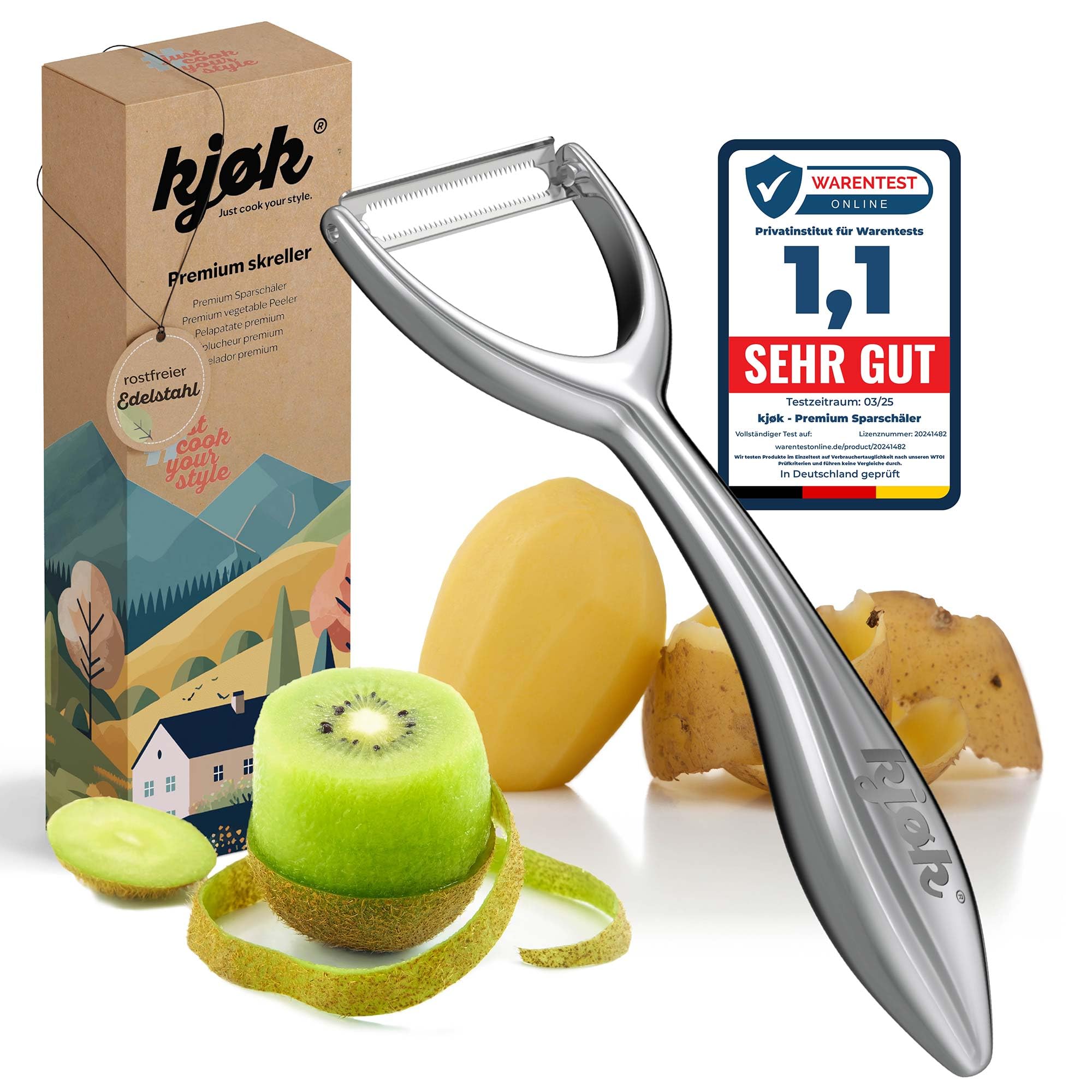 kjøk Premium Sparschäler breit mit S420 Edelstahl Klinge - Profi Schäler komplett aus Edelstahl - Spargelschäler Obstschäler Gemüseschäler rostfrei - grosser Chefkoch Küchenschäler