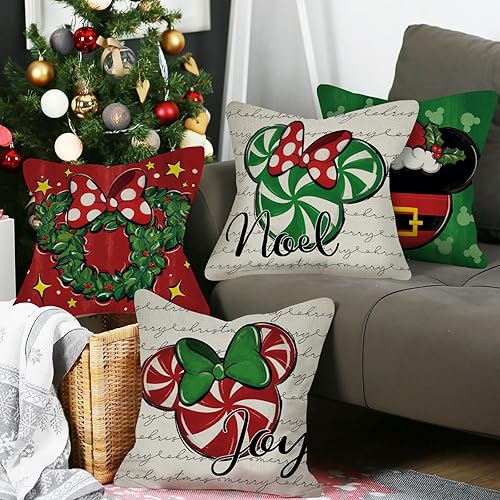 Miniatura 3 de Juego de 4 fundas de almohada decorativas de ratón de Navidad de 20 x 20 pulgadas, decoración de funda de cojín de lunares con corona de caramelo de