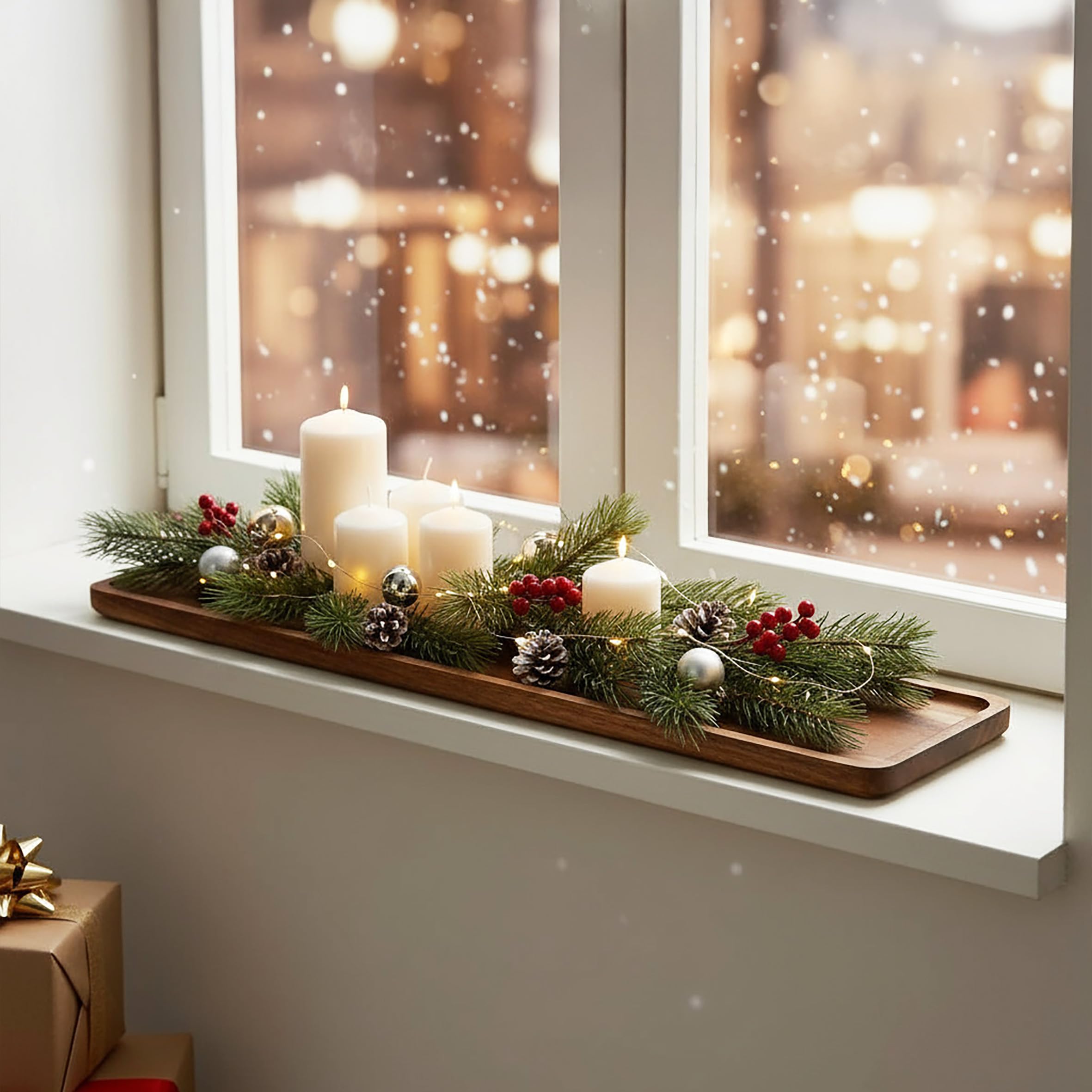 Vassoio decorativo in legno di acacia naturale – 60 x 15 cm – Piatto candela in legno massello – Vassoio per candele, vassoio in legno di acacia – Decorazione da tavolo per Natale Avvento matrimonio