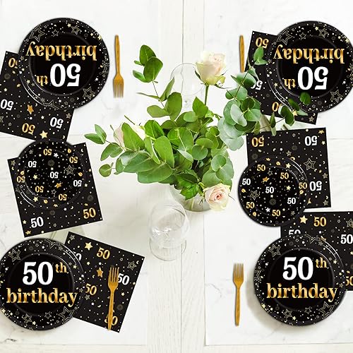 Miniatura 7 de gisgfim 96 piezas de suministros para fiesta de cumpleaños número 50, platos de papel, servilletas doradas, tema de feliz cincuenta, decoraciones de
