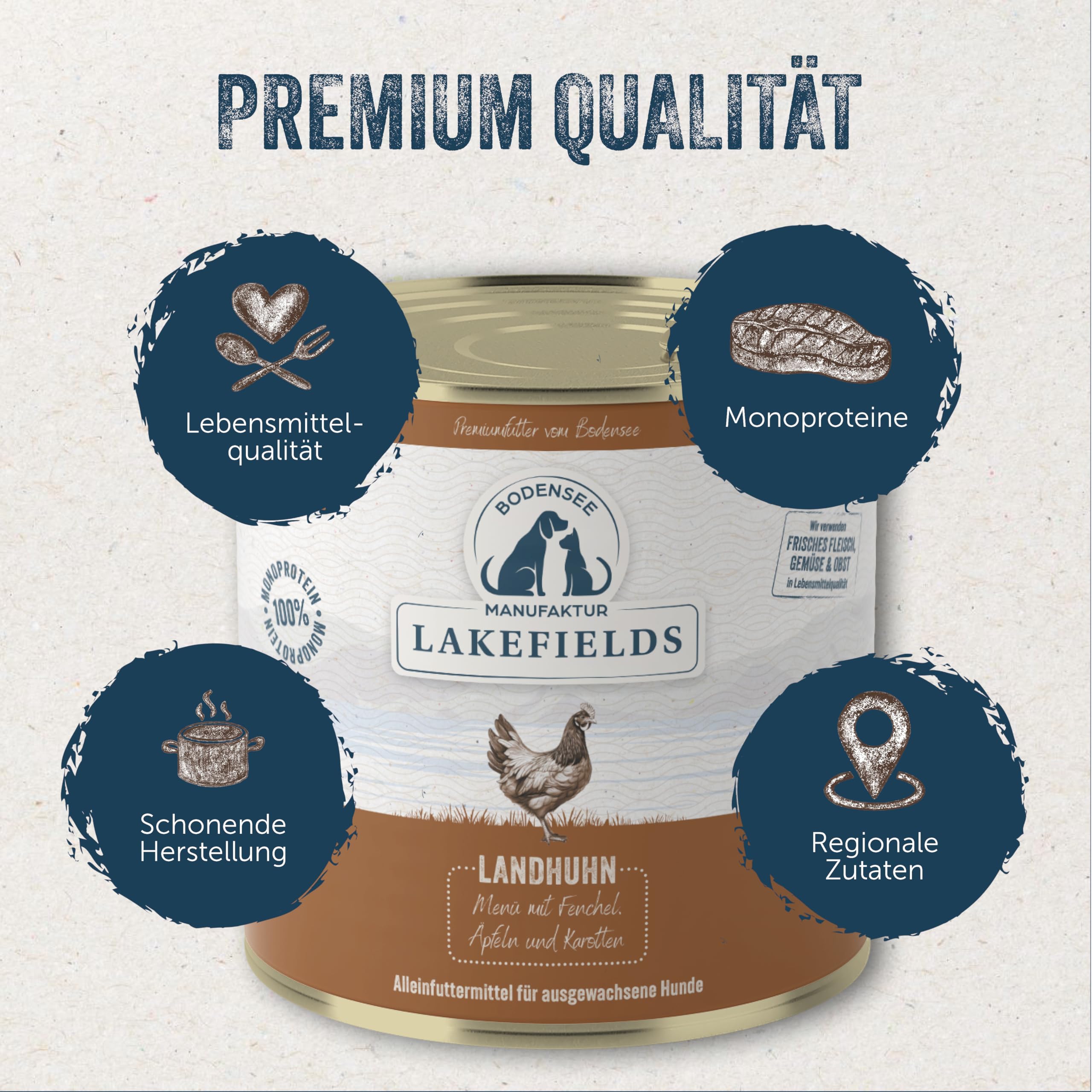 Lakefields Premium Hundefutter Nass | Huhn 61% | 6 x 800g | Getreidefreies Nassfutter für Hunde | Natürliche Zutaten in Lebensmittelqualität | Karotten, Kartoffeln & Apfel | Schonend gegart