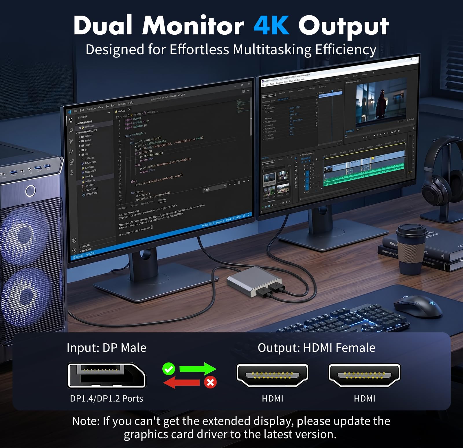 Adaptateur DisplayPort vers double HDMI 1 entrée 2 sorties, répartiteur DP vers HDMI 4K @ 60 Hz pour deux écrans, hub MST à affichage étendu pour PC Windows, carte graphique NVIDIA/AMD [Mac OS