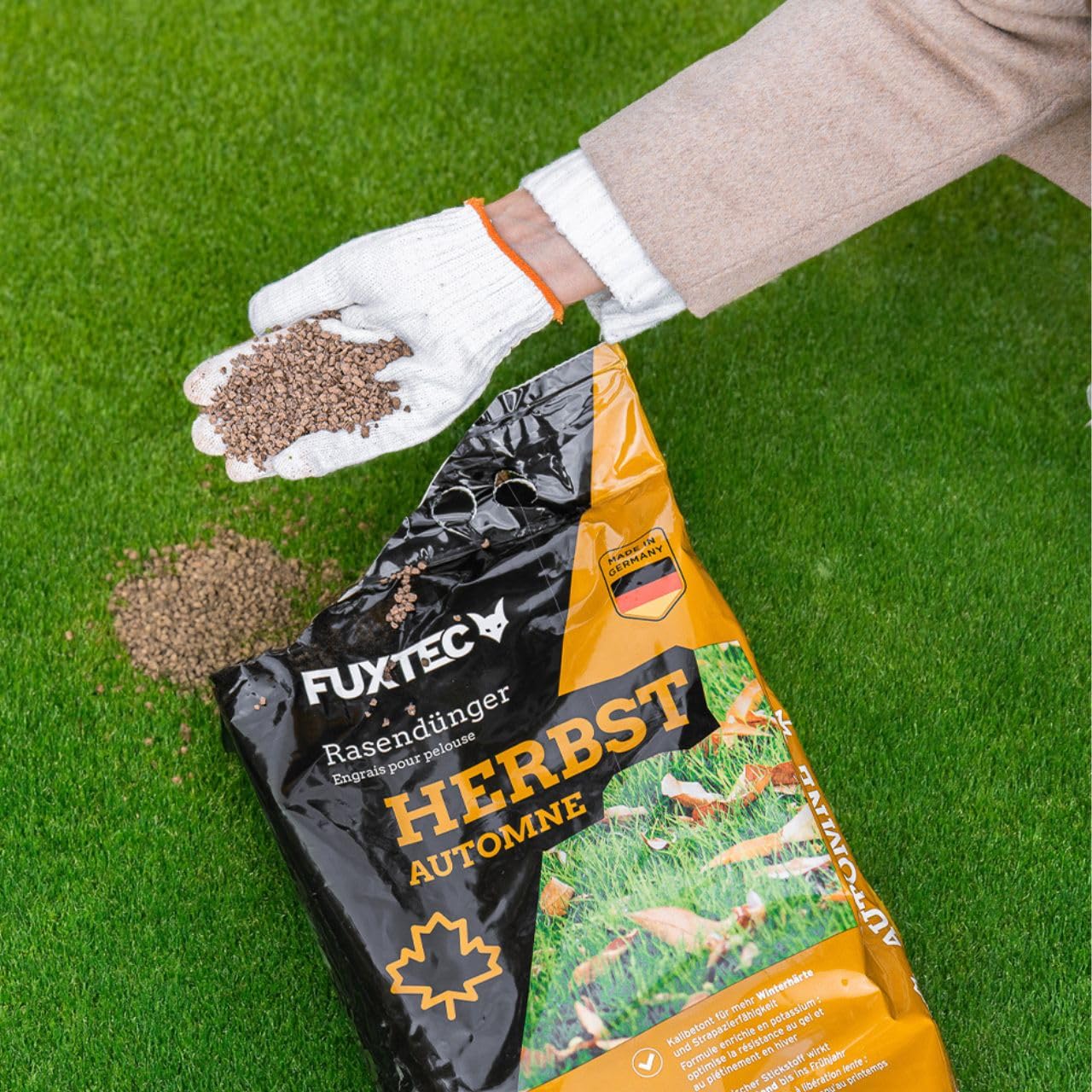 FUXTEC Abono césped alto en potasio FX-RDH20 • 20 kg hasta 500 m² • Ideal para otoño e invierno • Refuerza contra heladas • Liberación controlada • Fabricado en Alemania