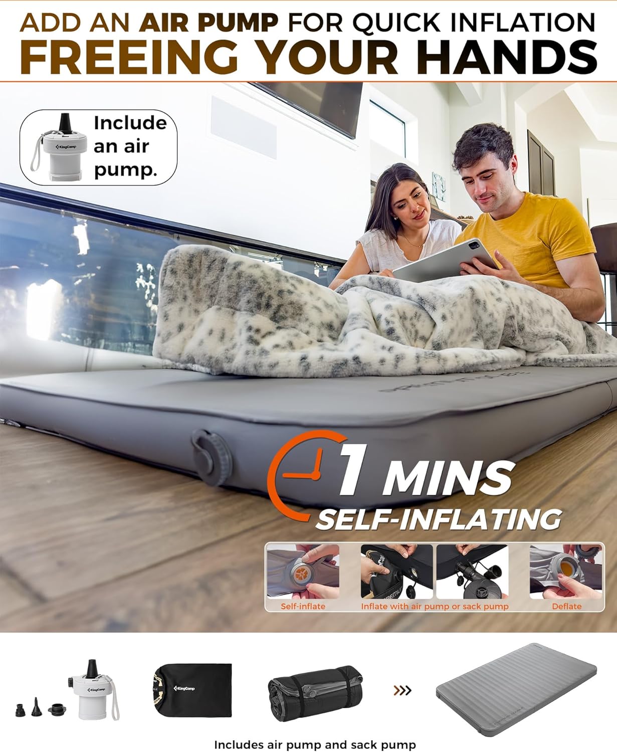 KingCamp Self Inflating Sleeping Pad, R 7.9 Air & Foam Camping Mattress 2 Person, 3" Thick Full Size Double Sleeping Pad with Air Pump & Pillow Camp Tent Outdoor Car, PVC Free (Grey)