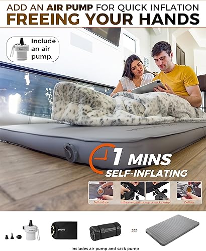 Miniatura 4 de KingCamp Colchoneta de dormir autoinflable con bomba de aire, colchón de campamento doble de valor R 7.5, tapete portátil de 4 estaciones con tela