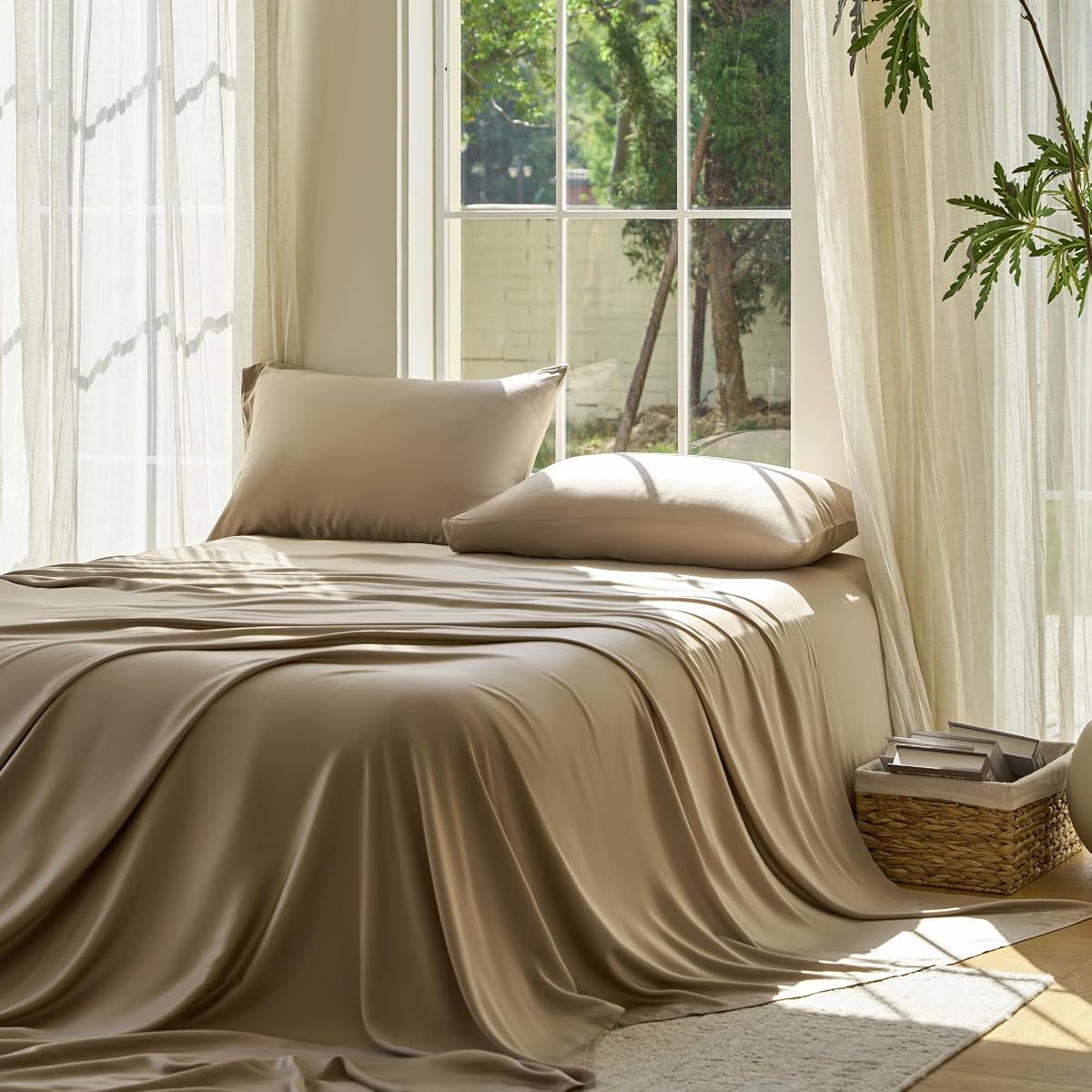DOZ Sheet Set, 100% Viscose derived from Bamboo, Organically Grown, Buttery Soft, Cooling Sheets, High GSM, Deep Pockets - 3 Piece - 2 Pillowcases 1 Fitted Sheet (Dune, King)