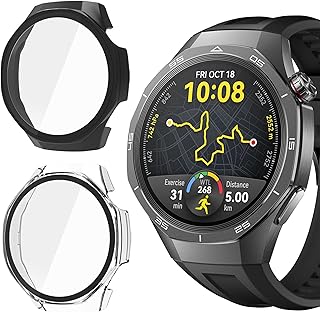 Blueshaweu Protective Case Compatible with Huawei Watch GT 5 Pro Smartwatch 46 mm, Hard PC Case with Glass Screen Protector Compatible with Huawei Watch GT 5 Pro 46 mm (Black + Transparent)