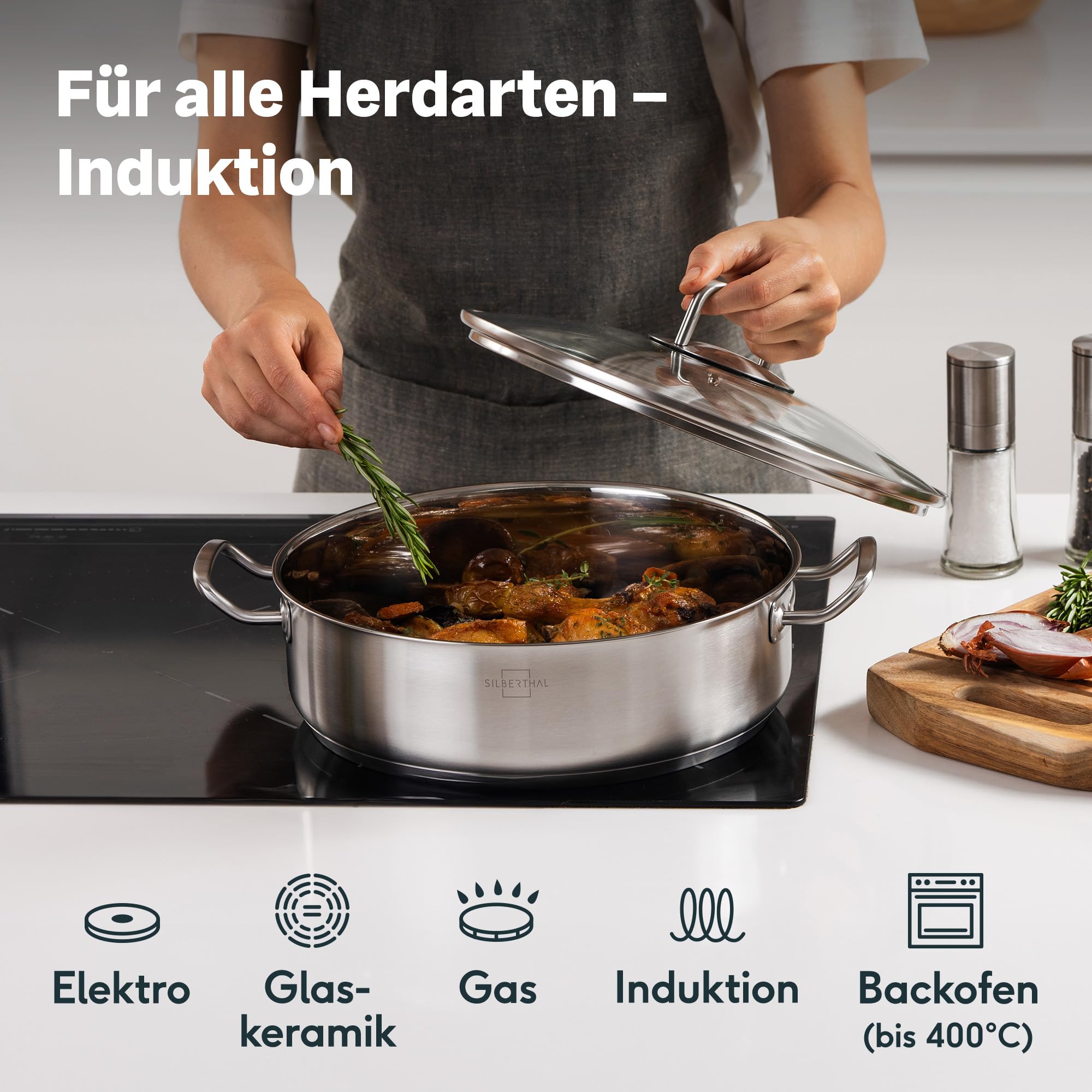 SILBERTHAL Schmorpfanne Unbeschichtet 28 cm hoher Rand | Servierpfanne mit Deckel - Backofengeeignet bis zu 400° - Induktionsgeeignet - 5l