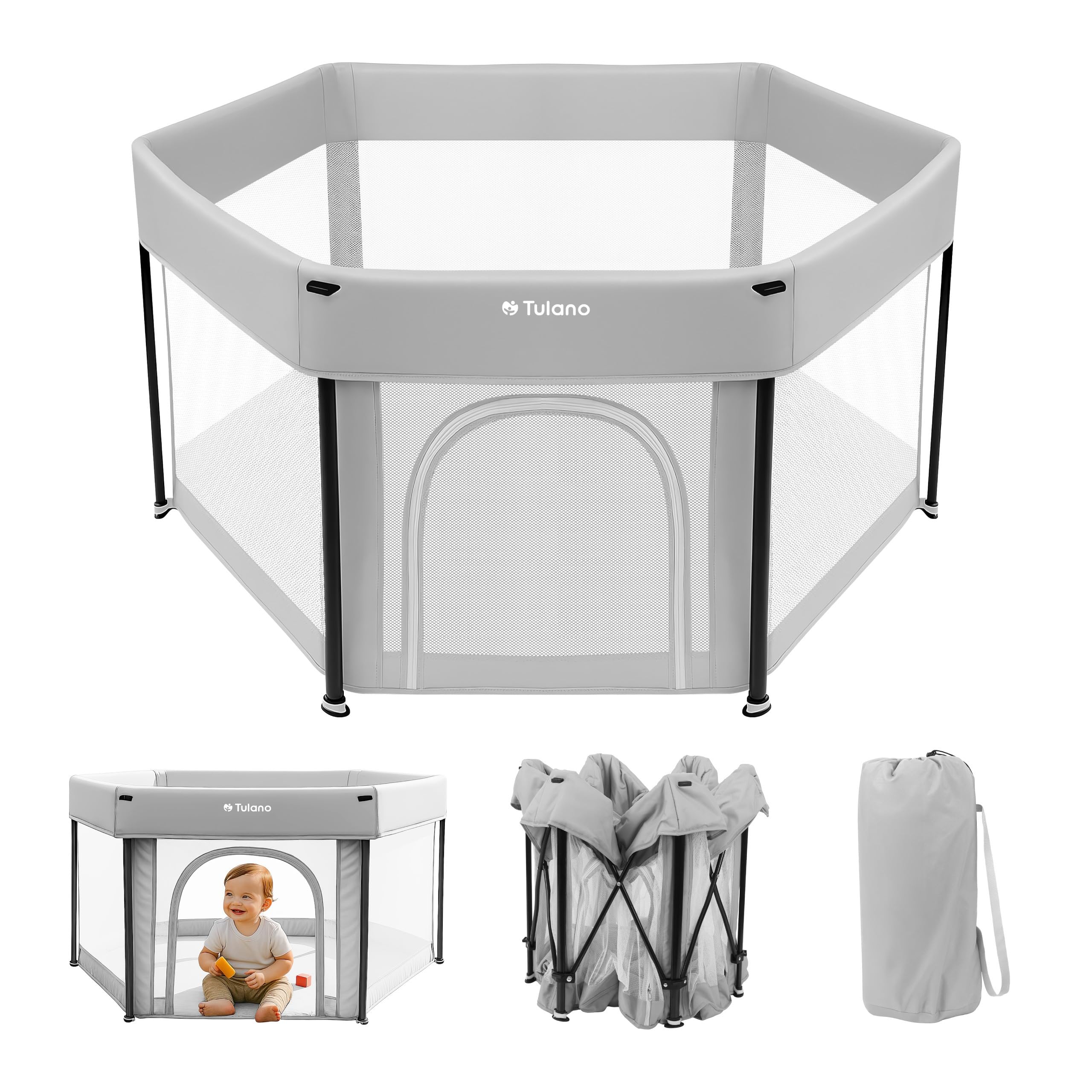 Tulano Cozy 30 Reise-Laufstall Baby faltbar 125x66 cm – Kompakter Kinderlaufstall mit Boden – Netzseiten – Reißverschluss-Tür – rutschfeste Füße – Tragetasche – Indoor & Outdoor – 6–36 Monate - Grau