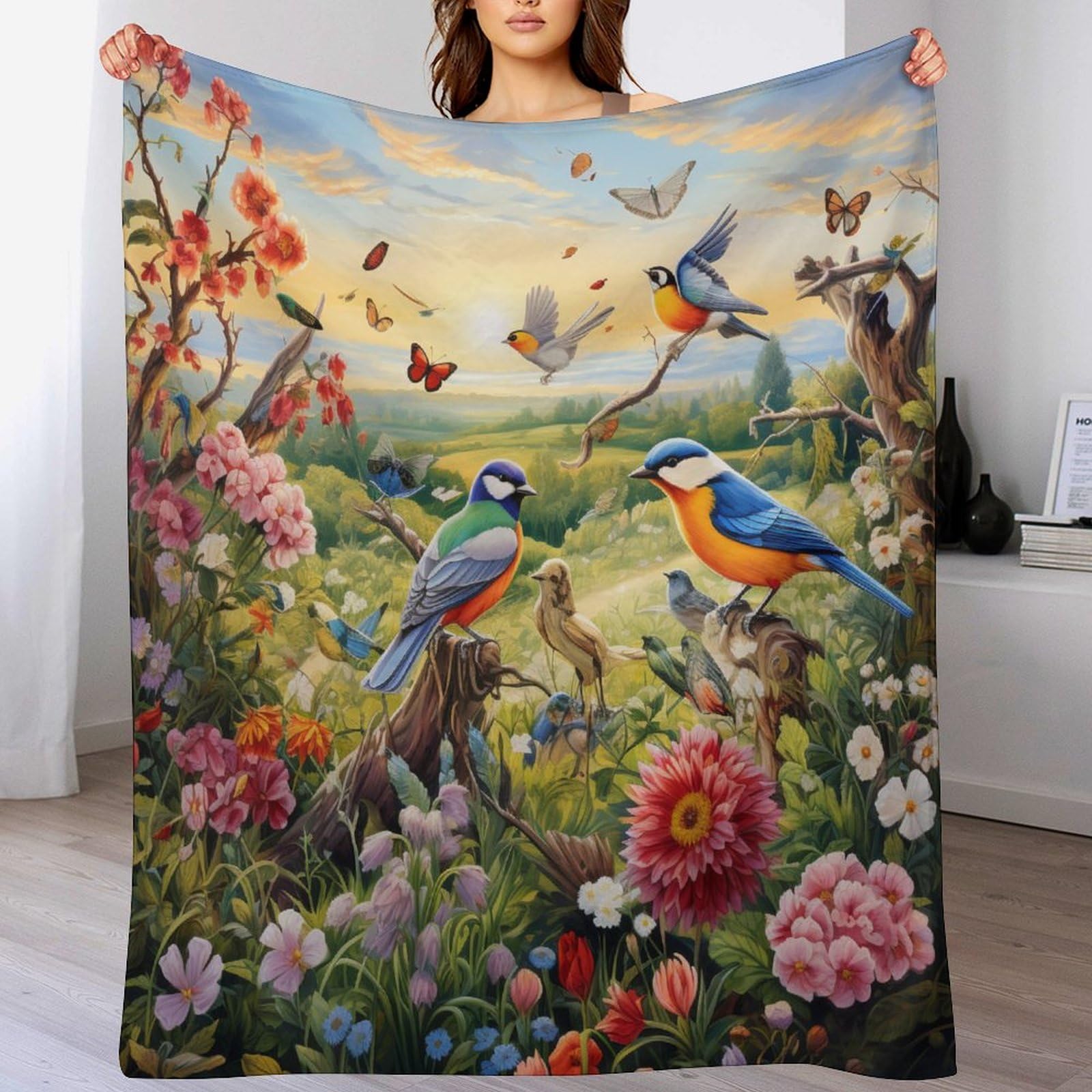 Plaid oiseaux et fleurs pour soirée cocooning au coin du feu couverture canapé en fausse fourrure