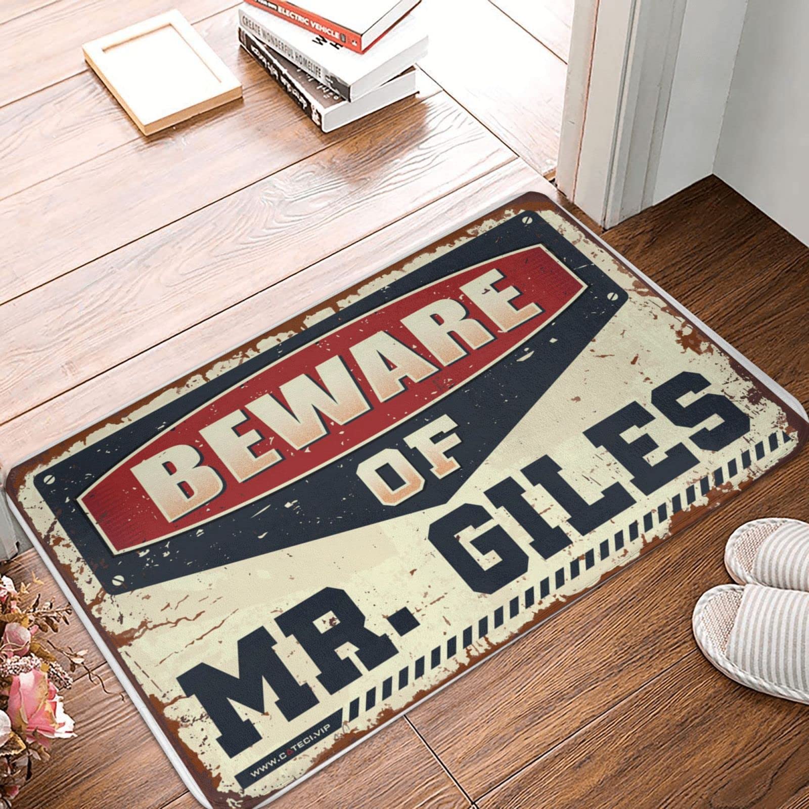 Dsoluuing Felpudo de bienvenida al aire libre grande Beware of Mr. Giles, felpudo para entrada al aire libre pequeño (tamaño: 65 x 90 cm)