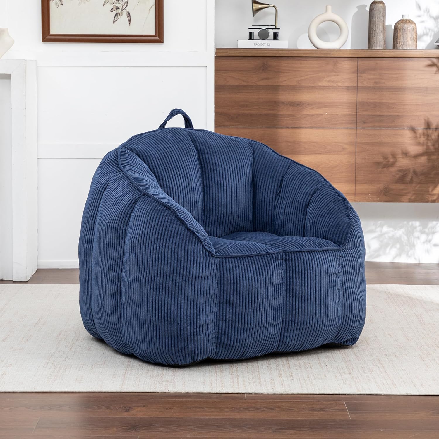 GDFStudio Bean Bag Chair for Adults, Large Bean Bag Sofa, Giant Comfy Floor Lounge Seat with Armrests and Backrest, Memory Foam Filling Corduroy Bean Bag Couch for Living Room Bedroom, Dark Blue