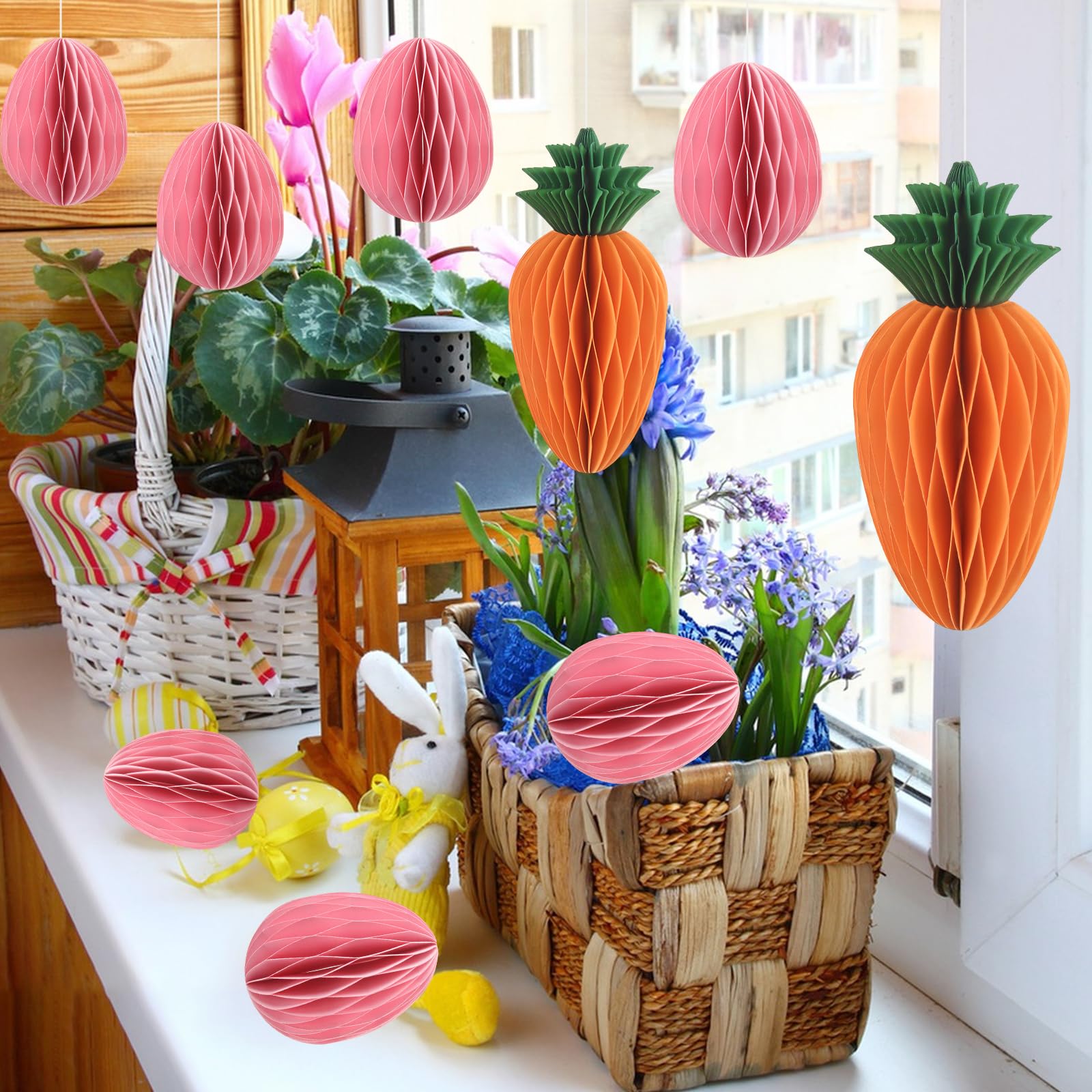 JINXIAN 10 Pack Honeycomb Decorations Easter Tree Have Carrot/Easter Egg Paper Flowers for Crafting Reusable for Birthday Wedding Easter Party Hanging Decorations