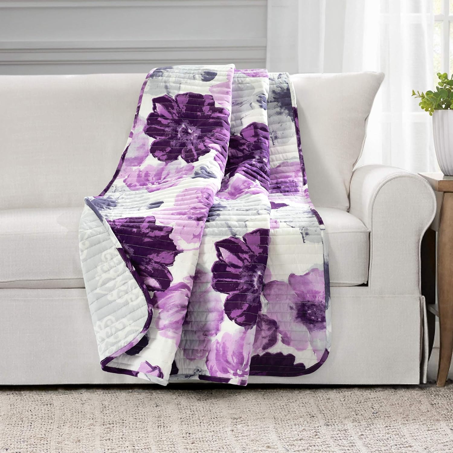 Lush Decor Leah Reversible Throw Blanket, 50" W x 60" L, Gray & Purple - Throw Blankets for Bed - Couch Blanket - Floral Throw Blanket for Couch - Flower Blanket